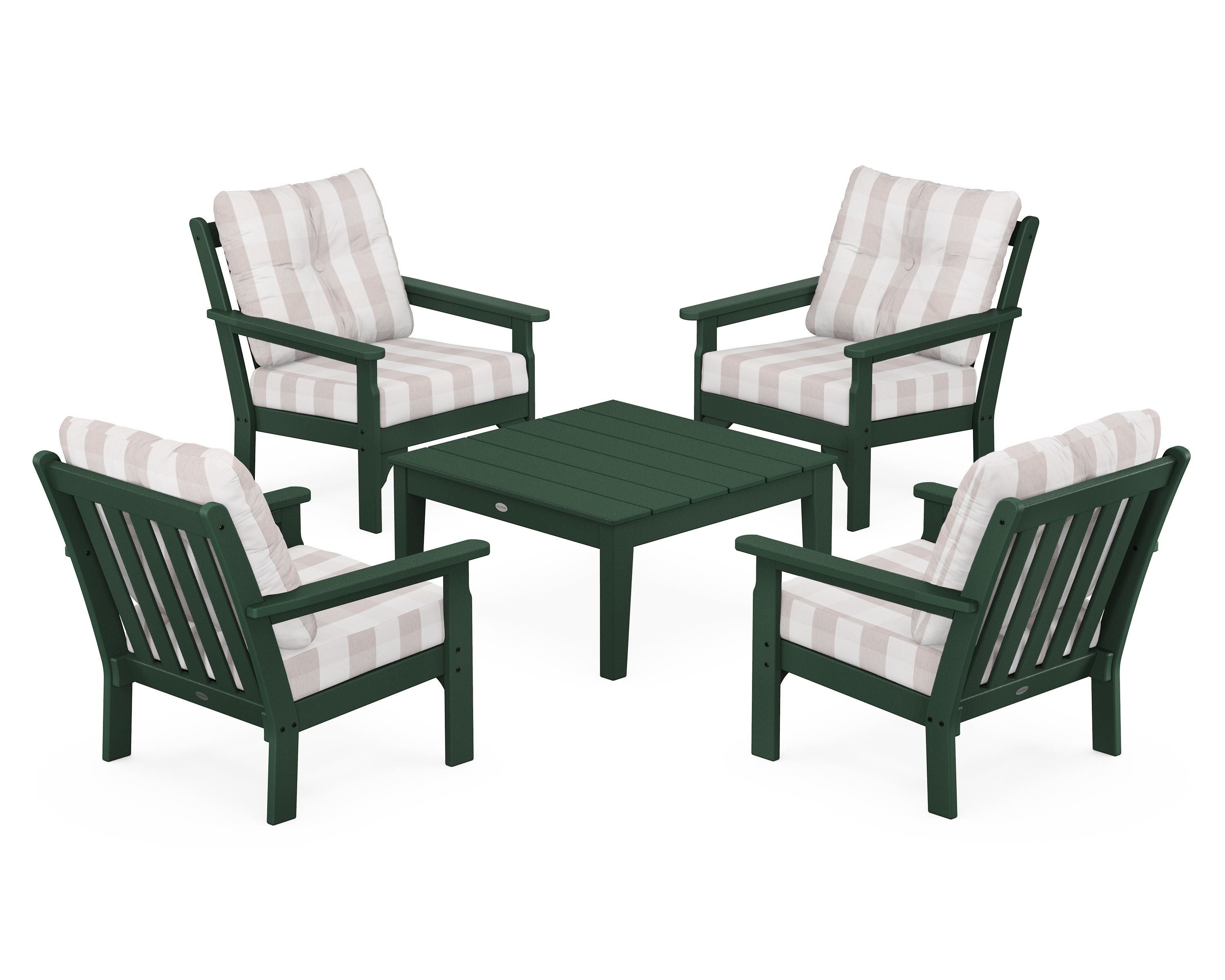 POLYWOOD® Vineyard 5-Piece Deep Seating Conversation Set in Green / Buffalo Plaid Dune Burlap