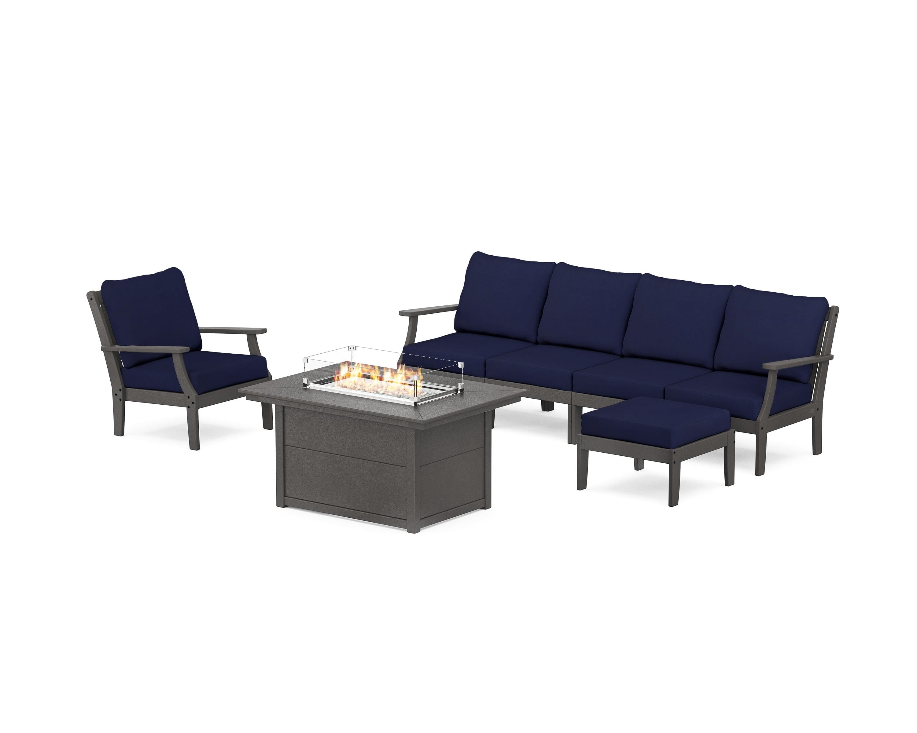 POLYWOOD® Braxton Sectional Lounge and Fire Pit Set in Vintage Coffee / Navy