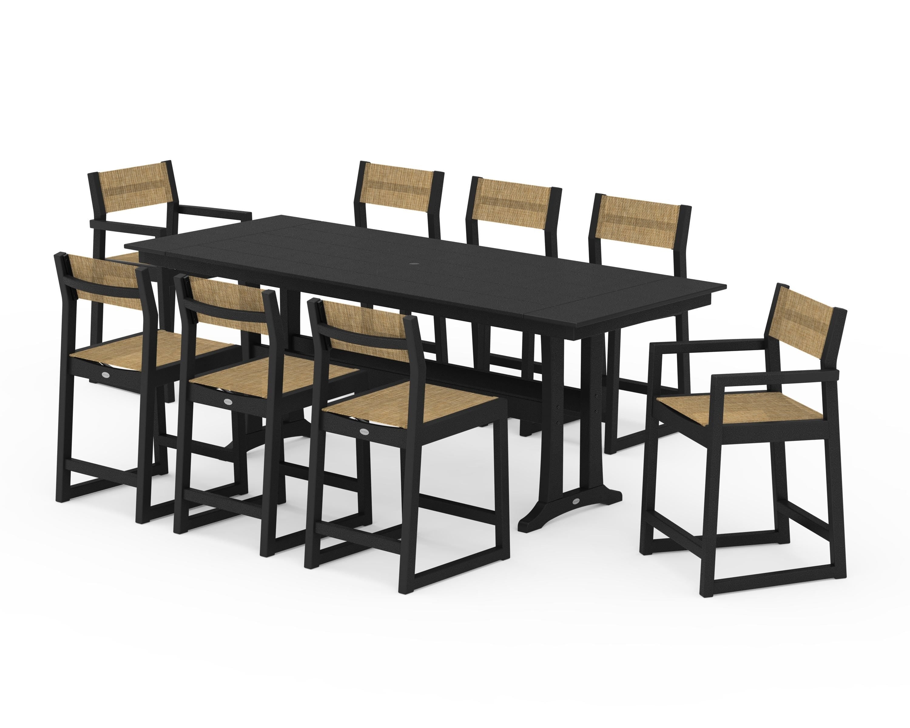 POLYWOOD® EDGE Sling 9-Piece Farmhouse Counter Set with Trestle Legs in Black / Burlap Sling