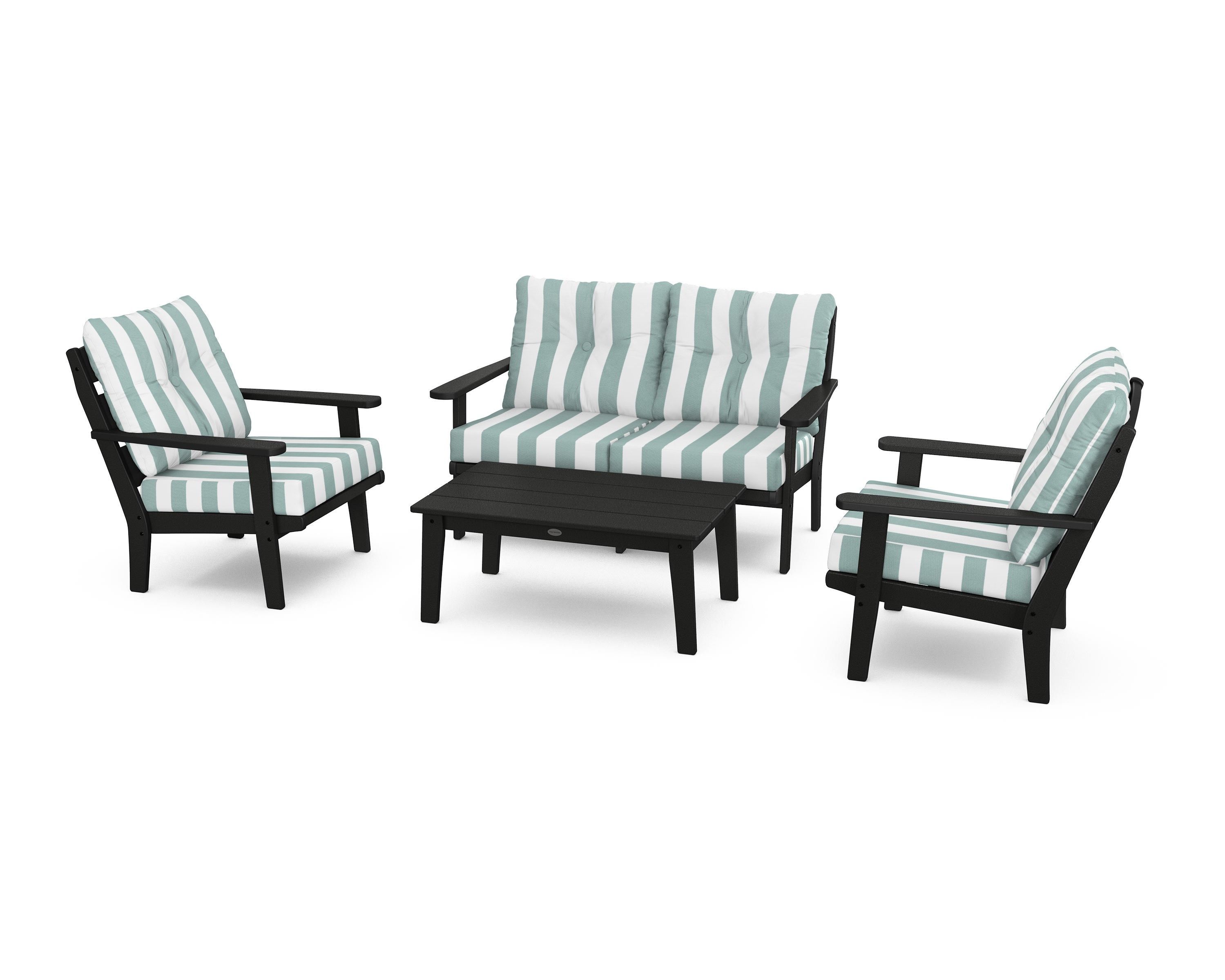 POLYWOOD® Lakeside 4-Piece Deep Seating Set in Black / Cabana Stripe Glacier Spa