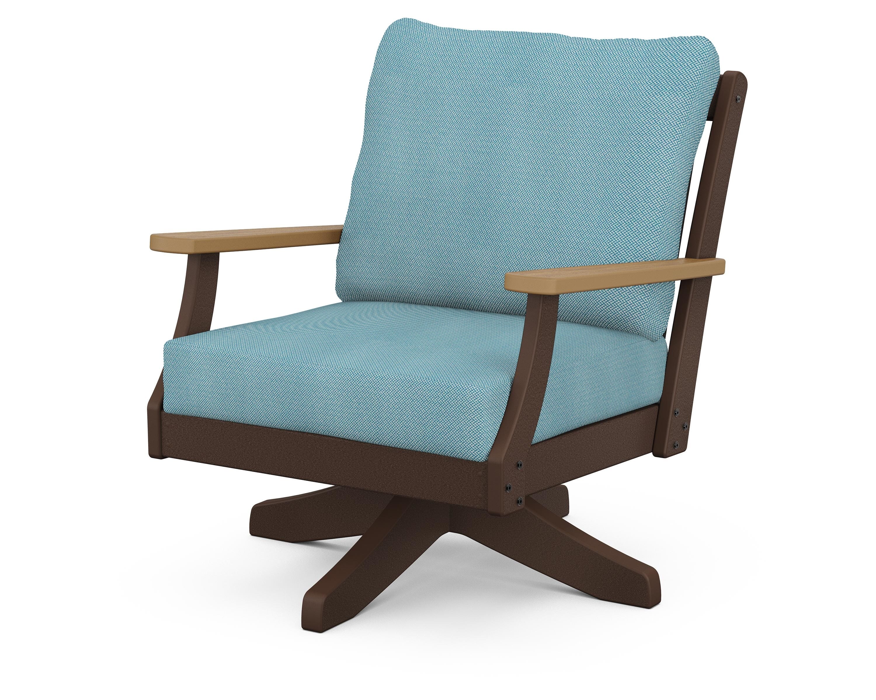 POLYWOOD® Braxton Deep Seating Swivel Chair in Mahogany / Natural / Lattice Sky Blue