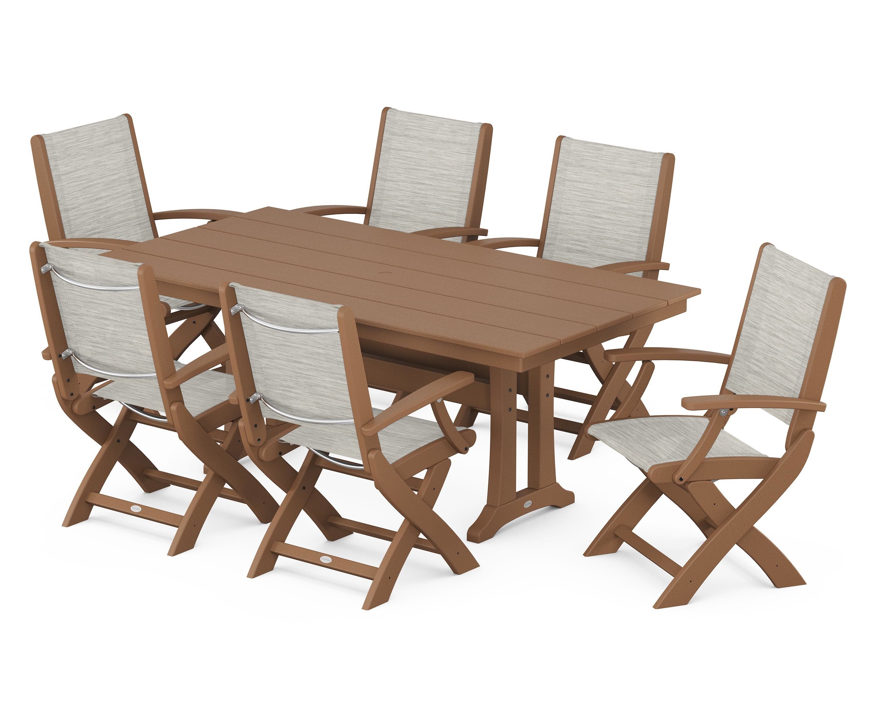 POLYWOOD® Coastal Folding Arm Chair 7-Piece Farmhouse Dining Set with Trestle Legs in Teak / Birch Sling