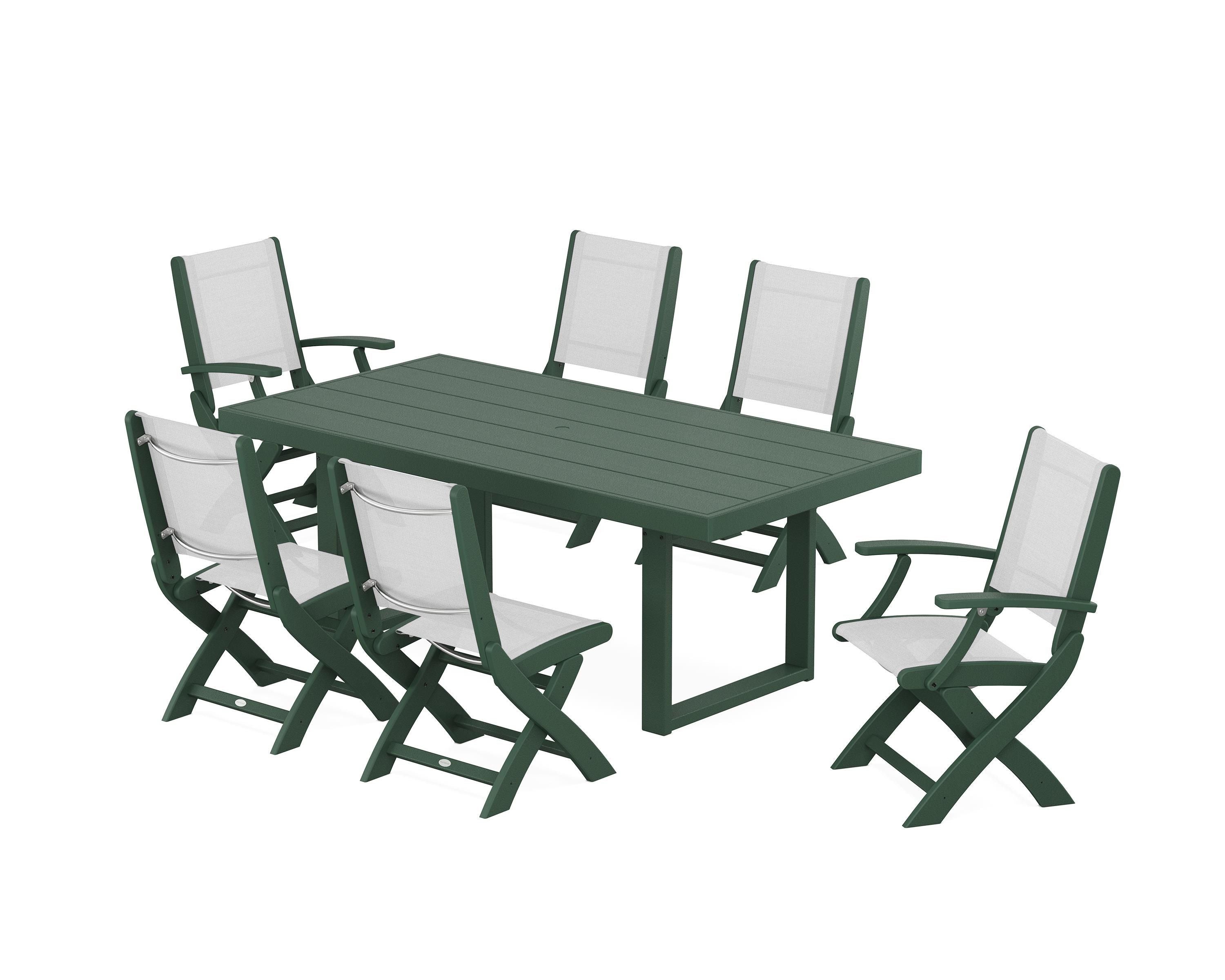 POLYWOOD® Coastal Folding Chair 7-Piece Dining Set with Trestle Legs in Green / White Sling