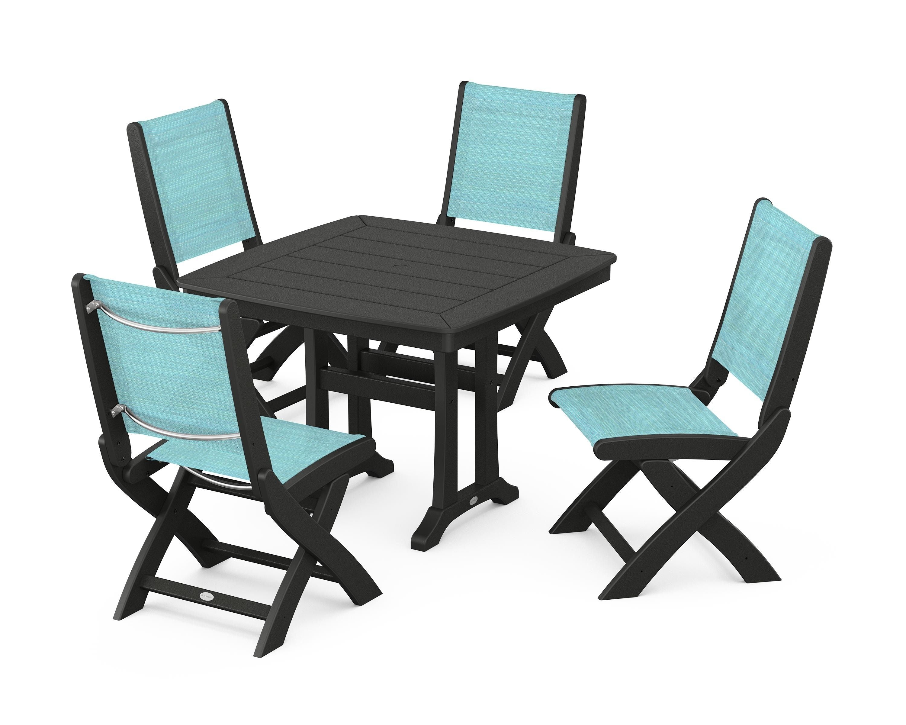 POLYWOOD® Coastal Folding Side Chair 5-Piece Dining Set with Trestle Legs in Black / Dupioni Aquamarine Sling