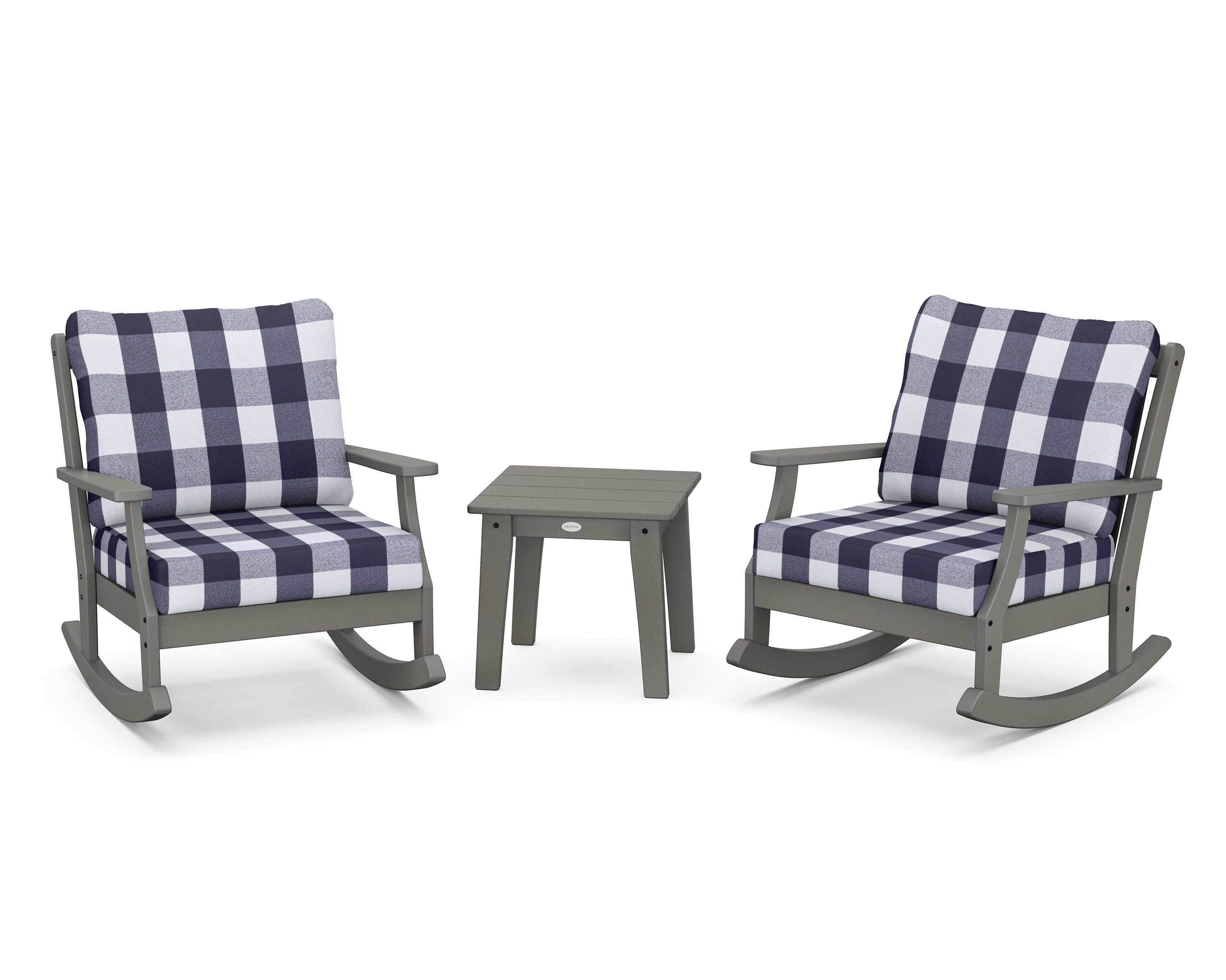 POLYWOOD® Braxton 3-Piece Deep Seating Rocker Set in Slate Grey / Buffalo Plaid Navy