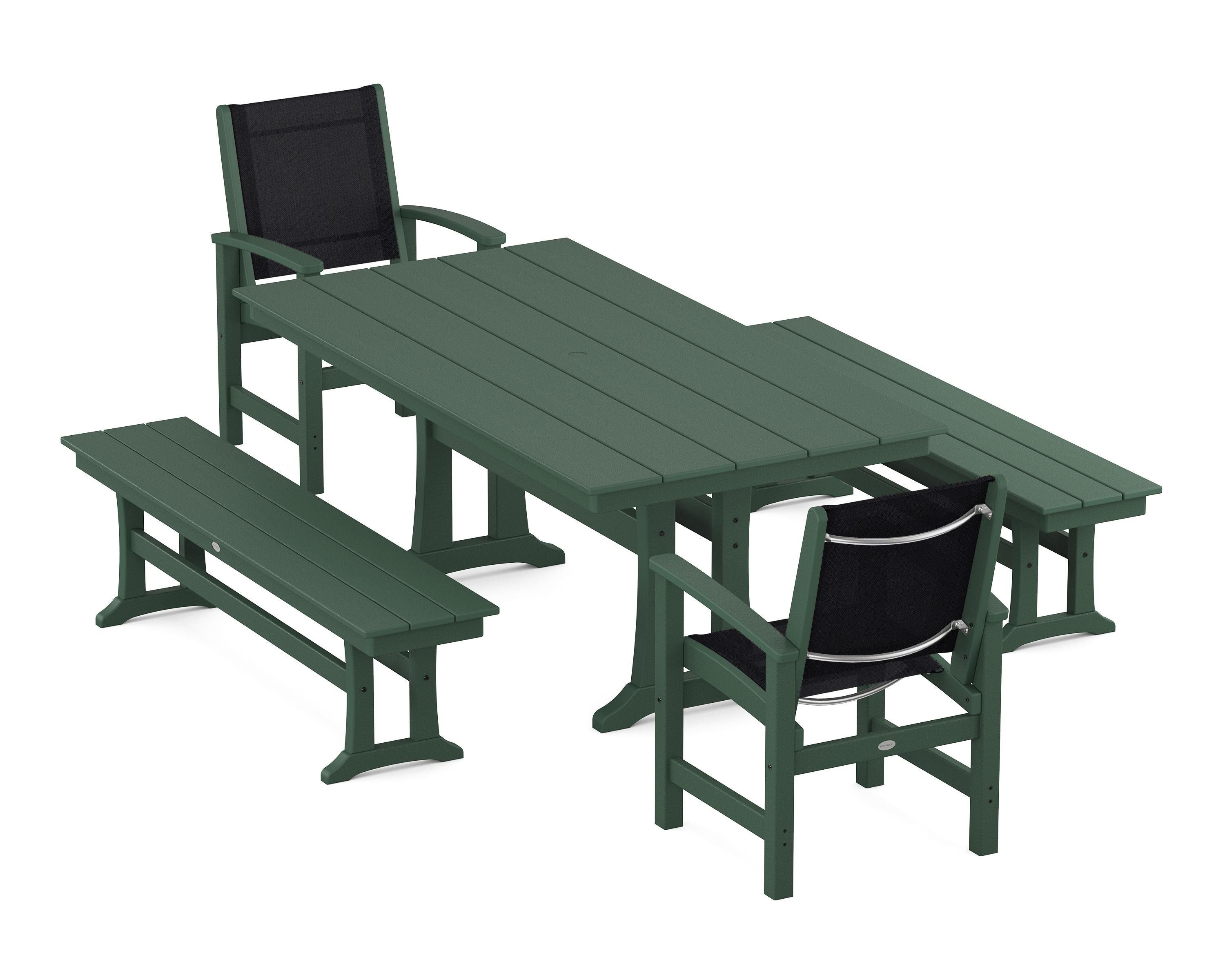 POLYWOOD® Coastal 5-Piece Farmhouse Dining Set with Trestle Legs and Benches in Green / Black Sling