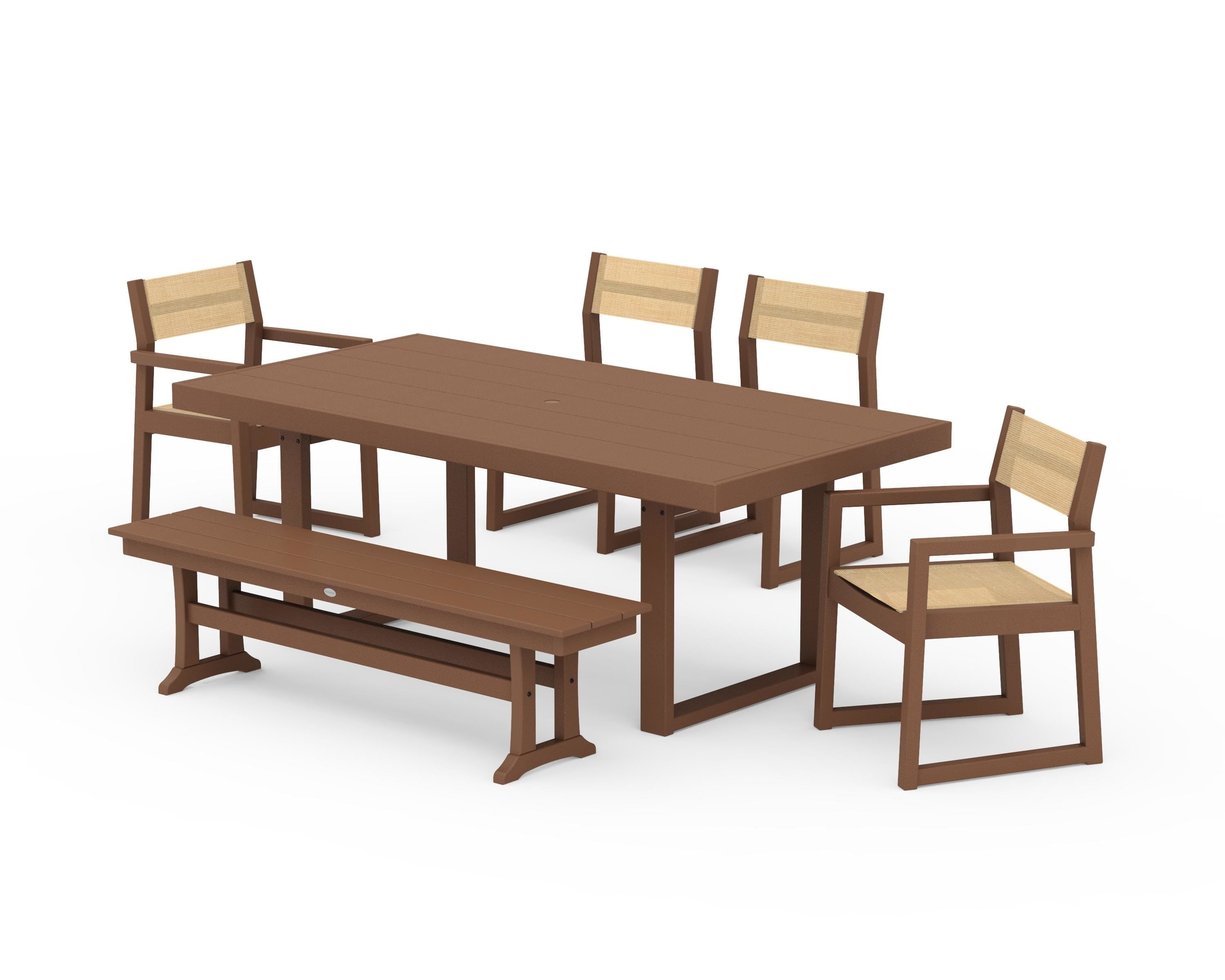 POLYWOOD® EDGE Sling 6-Piece Dining Set with Bench in Teak / Dupioni Apricot Sling
