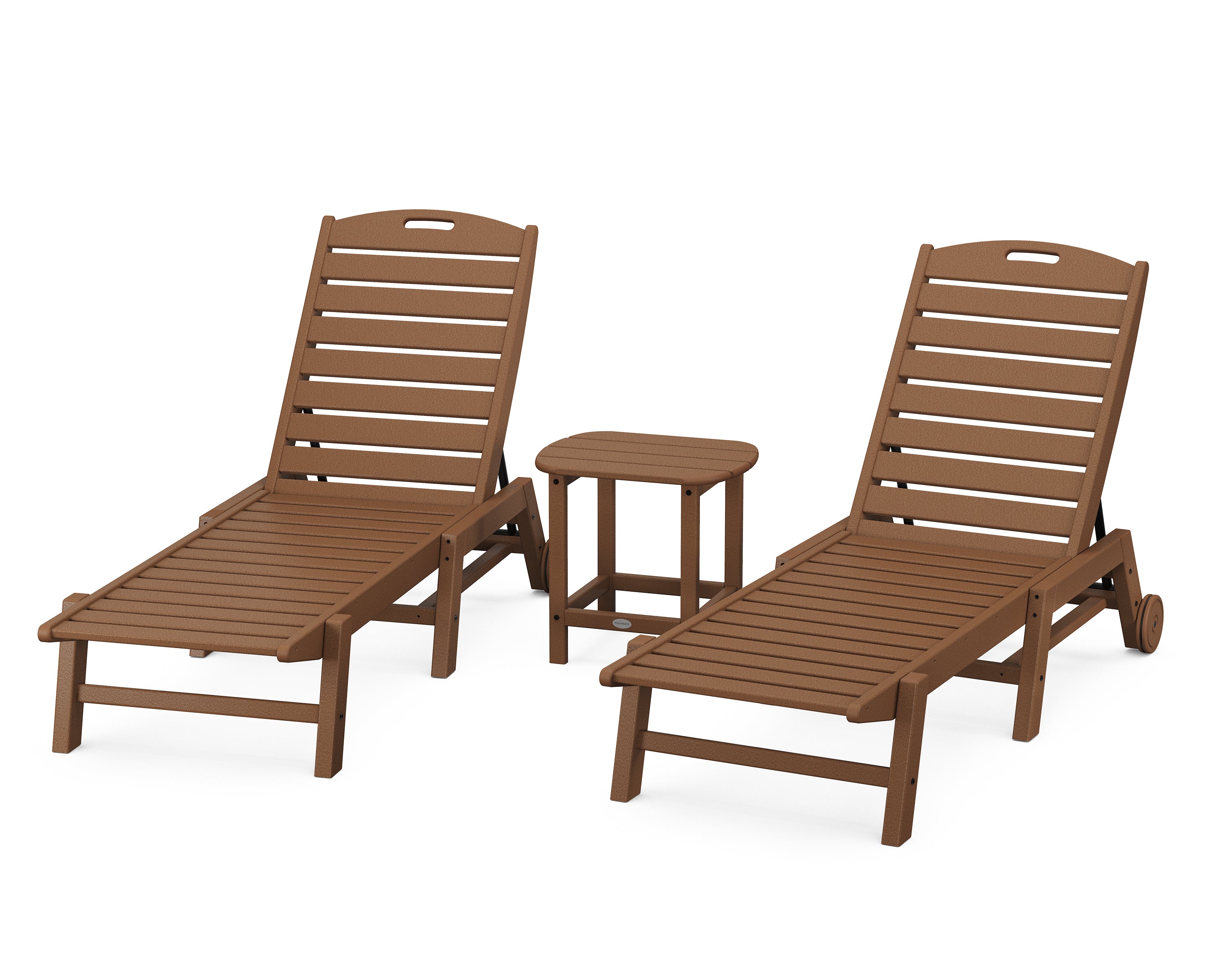 POLYWOOD® Nautical 3-Piece Chaise Lounge with Wheels Set with South Beach 18" Side Table in Teak