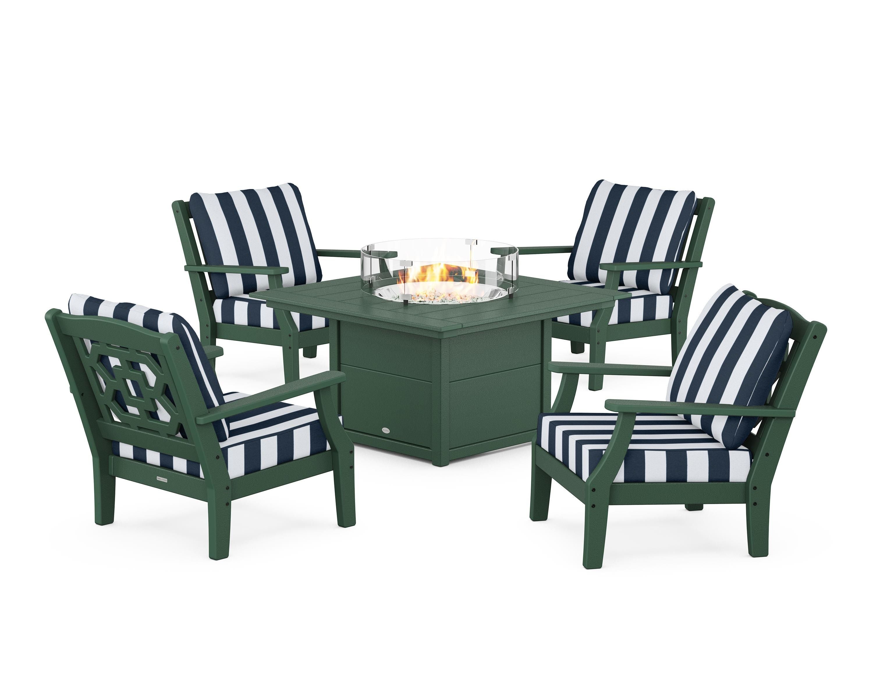 Martha Stewart by POLYWOOD® Chinoiserie 5-Piece Deep Seating Set with Fire Pit Table in Green / Cabana Stripe Marine Indigo