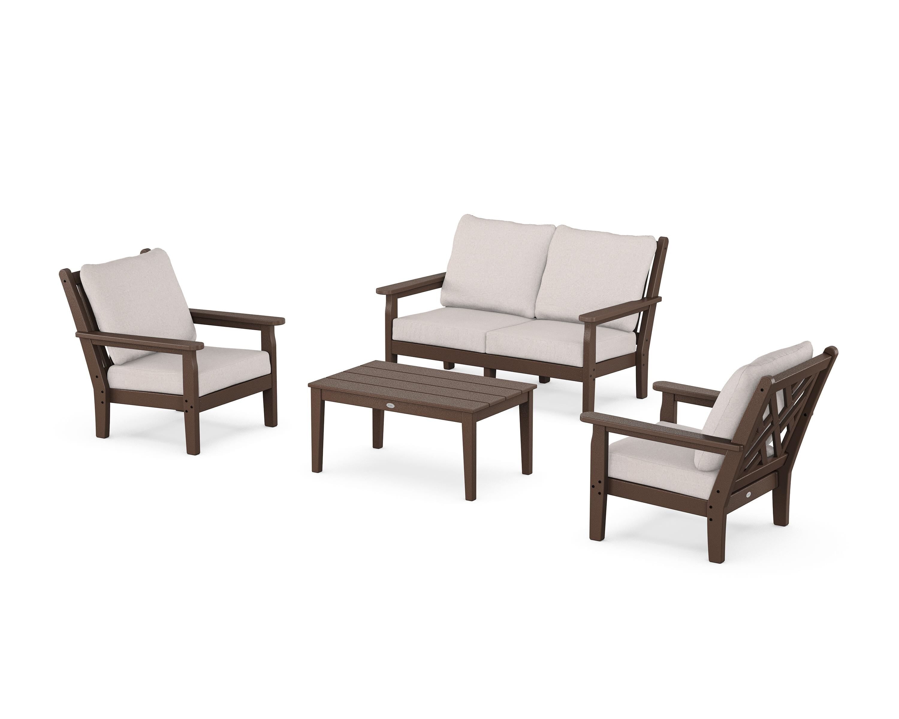POLYWOOD® Chippendale 4-Piece Deep Seating Set with Loveseat in Mahogany / Dune Burlap