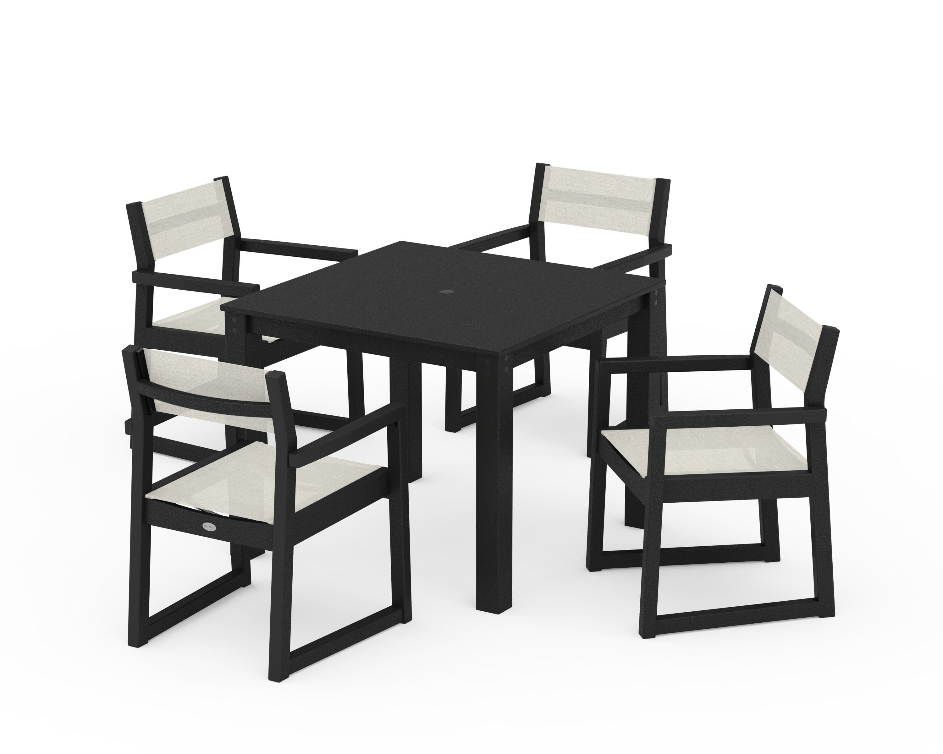 POLYWOOD® EDGE Sling Arm Chair 5-Piece Parsons Dining Set in Black / Parchment Sling