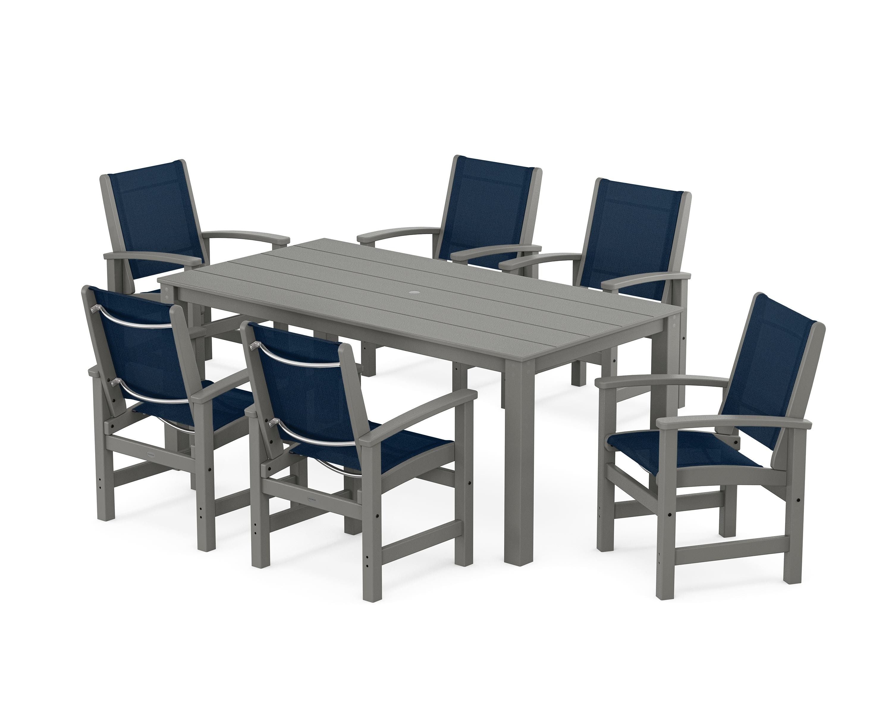 POLYWOOD® Coastal 7-Piece Parsons Dining Set in Slate Grey / Navy Blue Sling