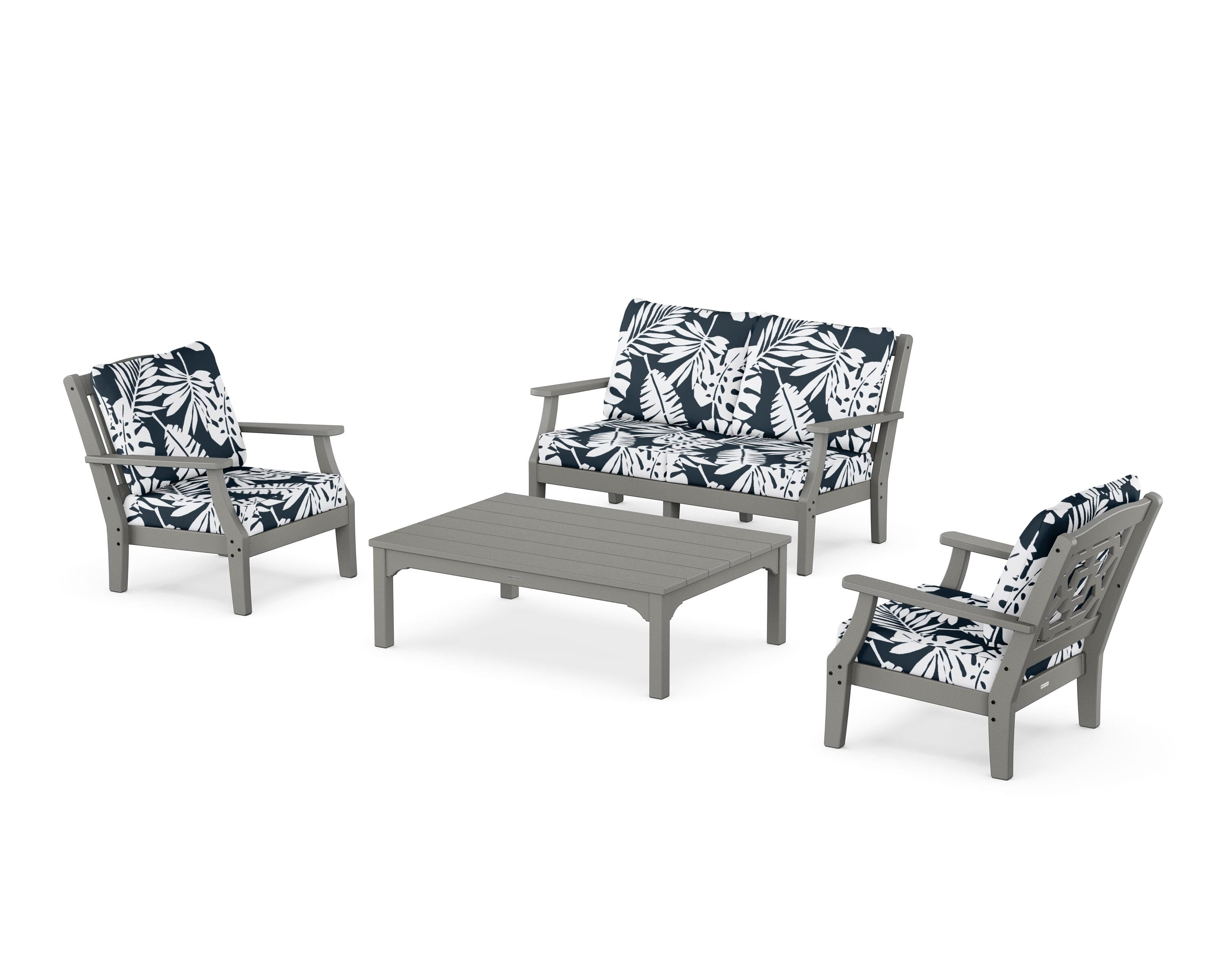 Martha Stewart by POLYWOOD® Chinoiserie 4-Piece Deep Seating Set with Loveseat in Slate Grey / Leaf Marine Indigo