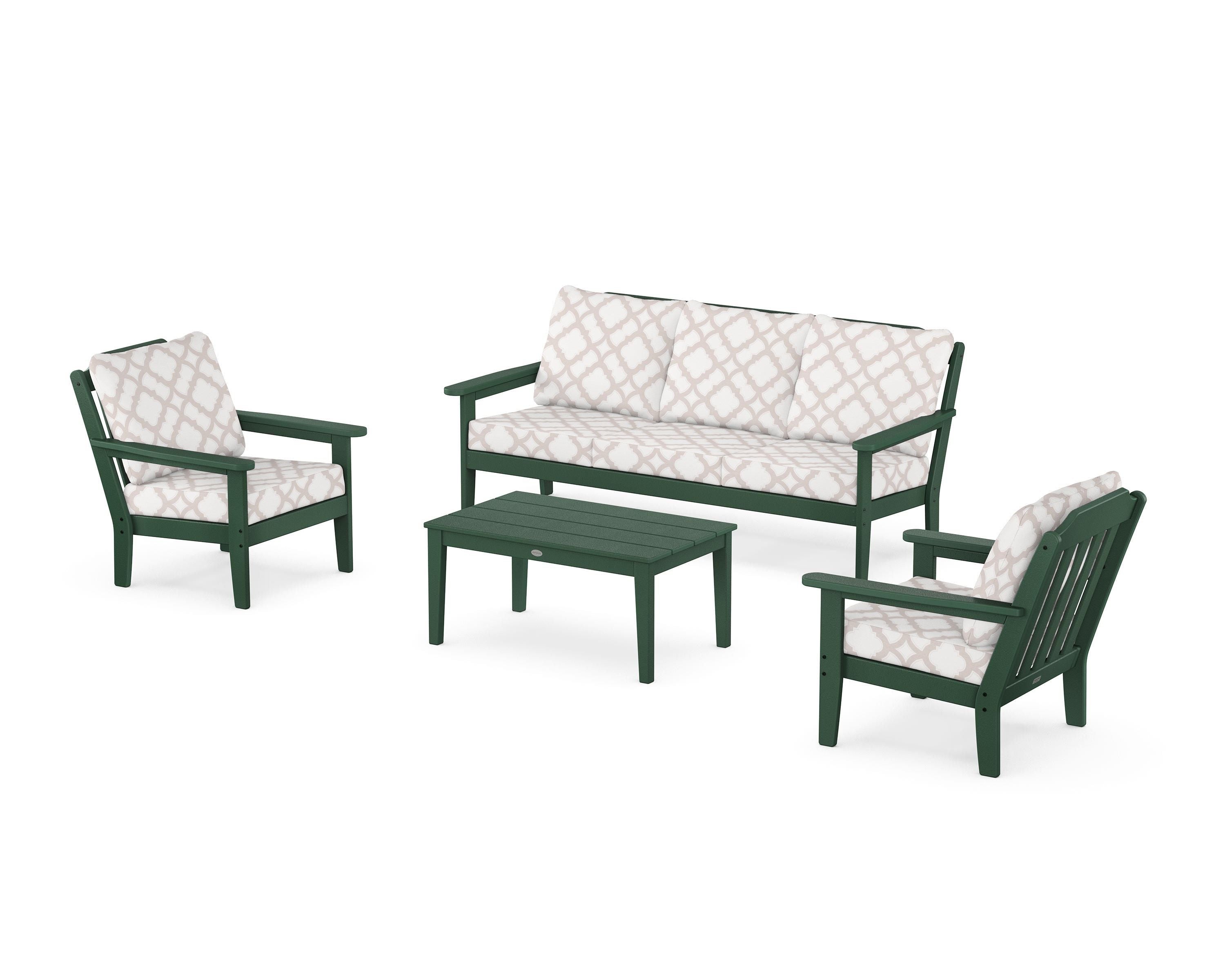 Country Living Cottage 4-Piece Deep Seating Set with Sofa in Green / Trellis Dune Burlap