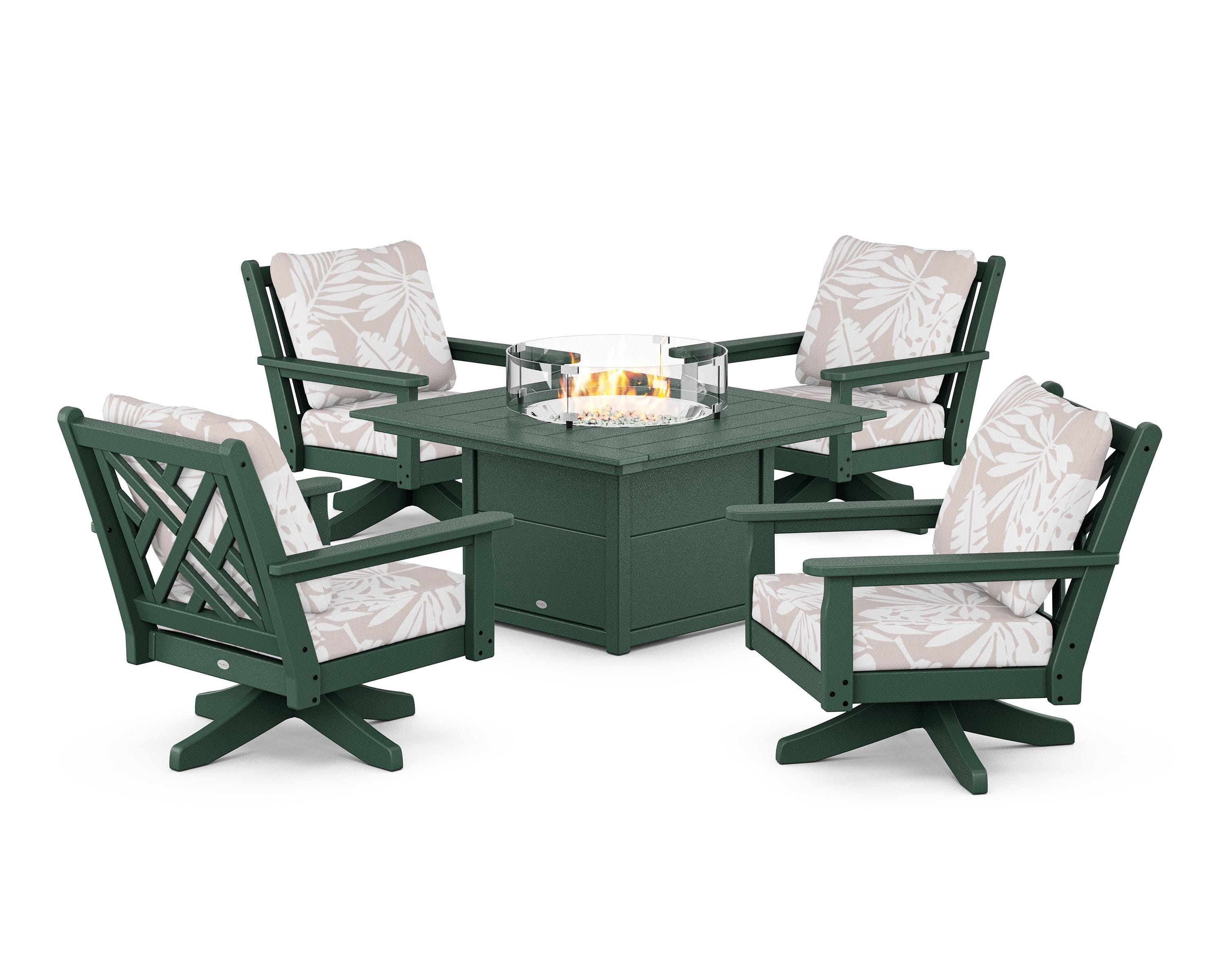 POLYWOOD® Chippendale 5-Piece Deep Seating Swivel Conversation Set with Fire Pit Table in Green / Leaf Dune Burlap
