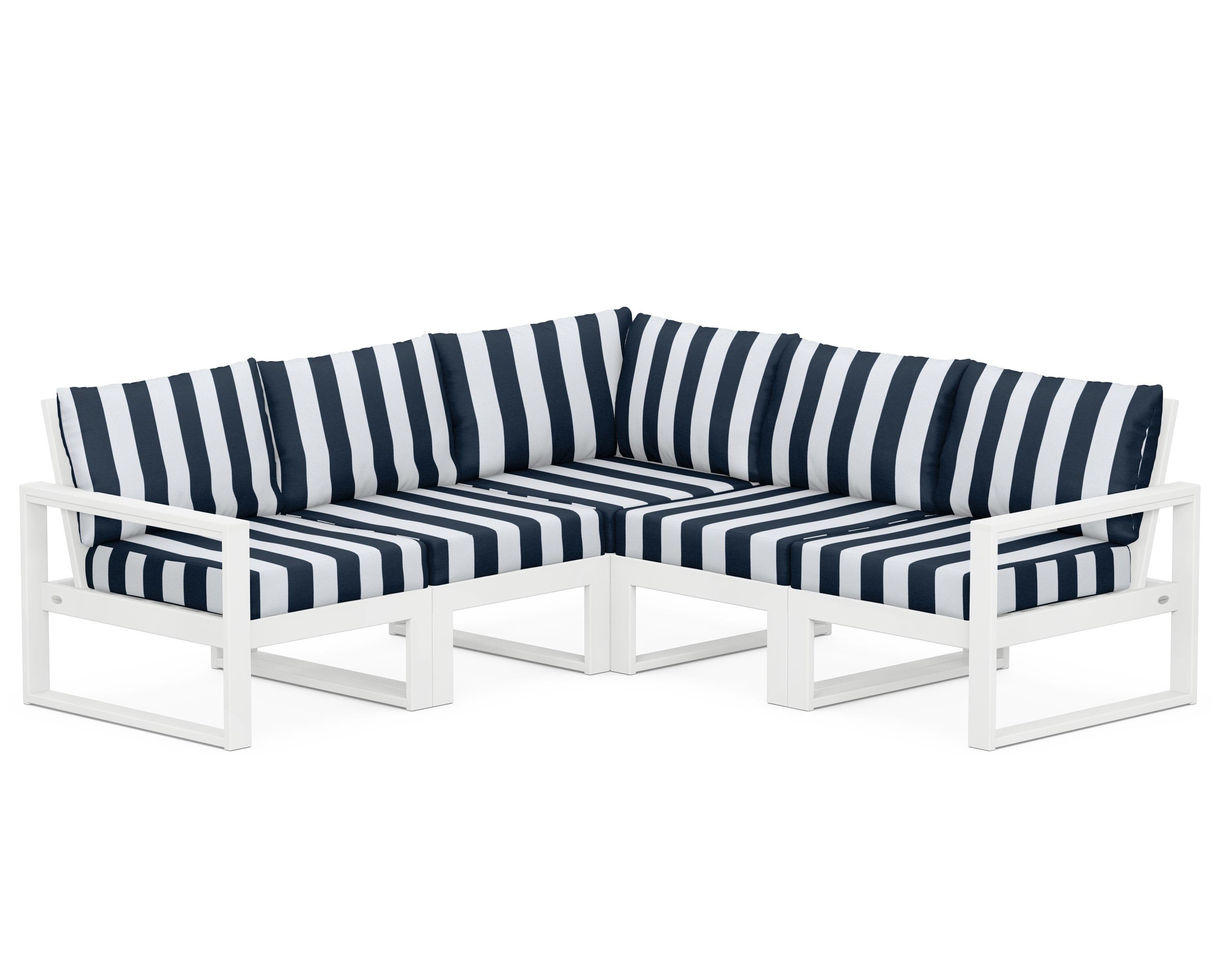 POLYWOOD® EDGE 5-Piece Modular Deep Seating Set in White / Cabana Stripe Marine Indigo