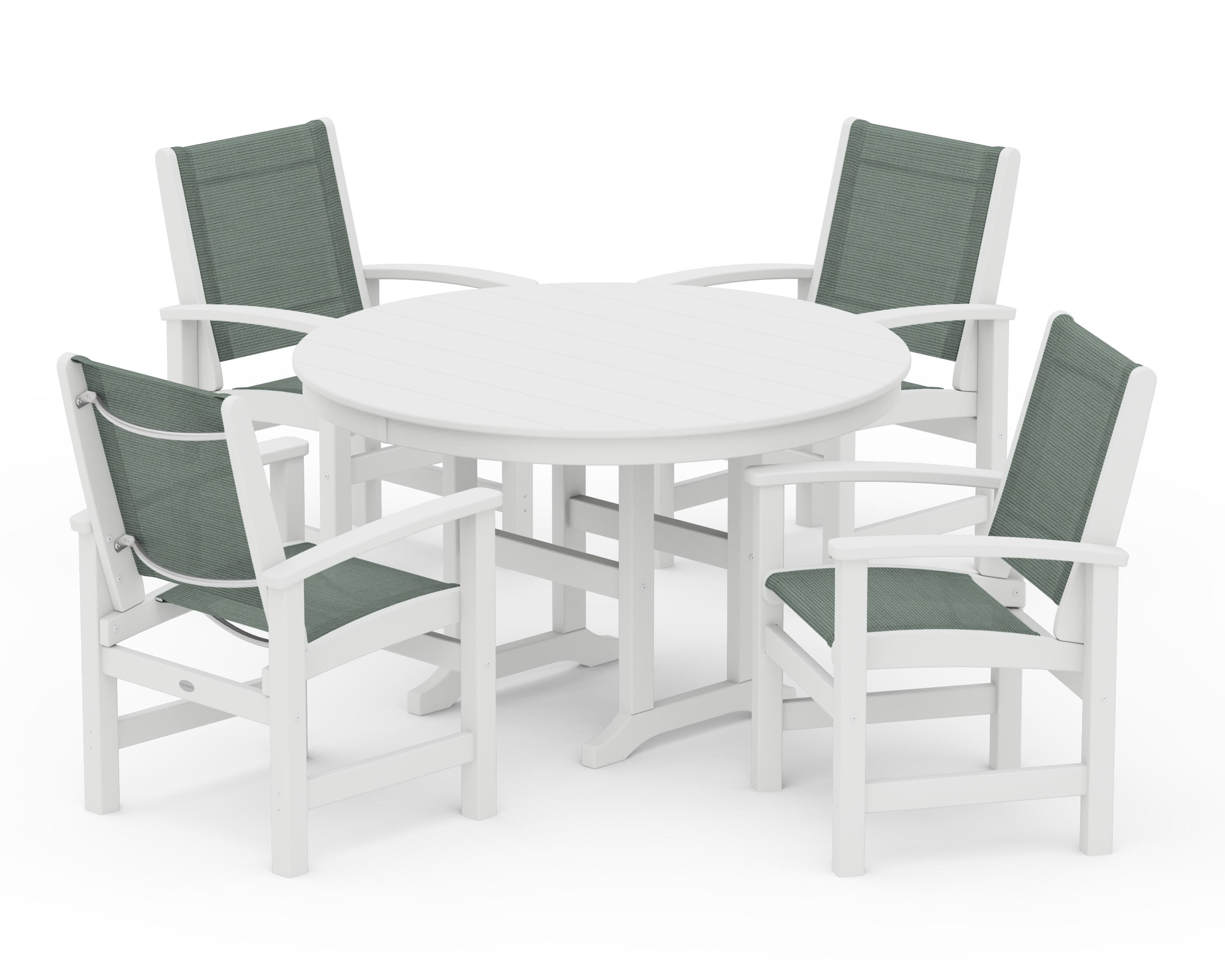 POLYWOOD® Coastal 5-Piece Round Farmhouse Dining Set in White / Dupioni Sea Mist Sling