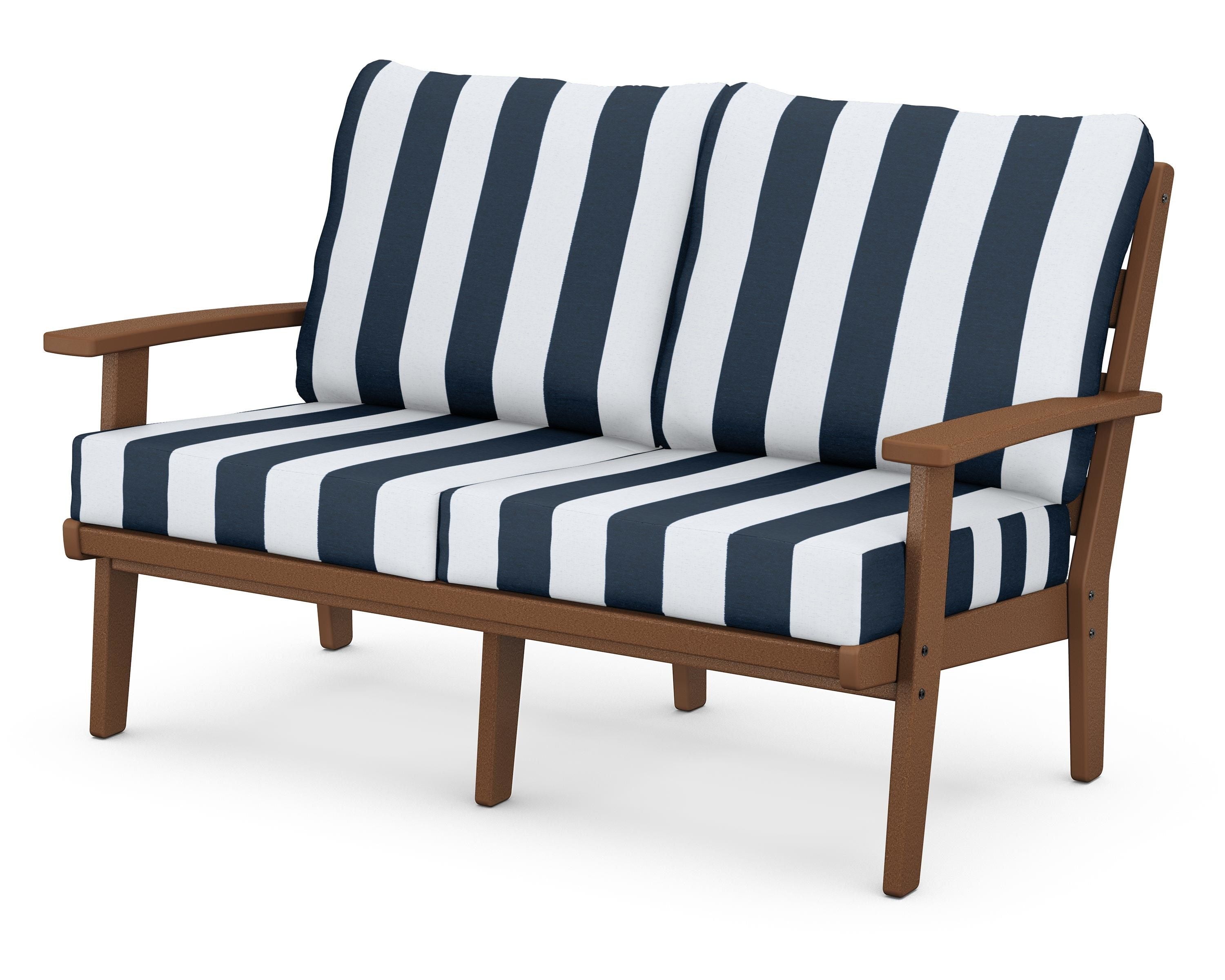 POLYWOOD® Grant Park Deep Seating Loveseat in Teak / Cabana Stripe Marine Indigo