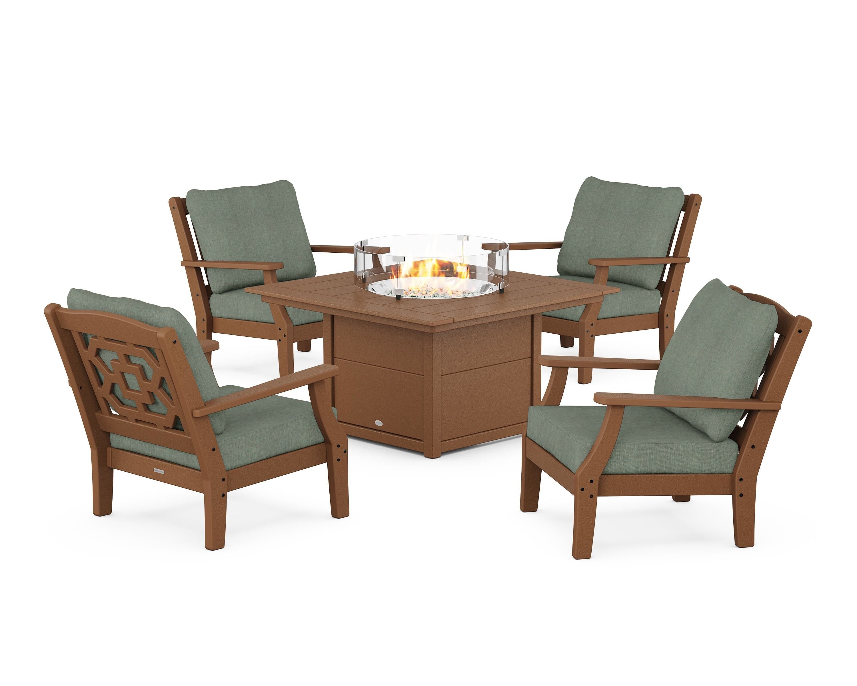 Martha Stewart by POLYWOOD® Chinoiserie 5-Piece Deep Seating Set with Fire Pit Table in Teak / Cast Sage