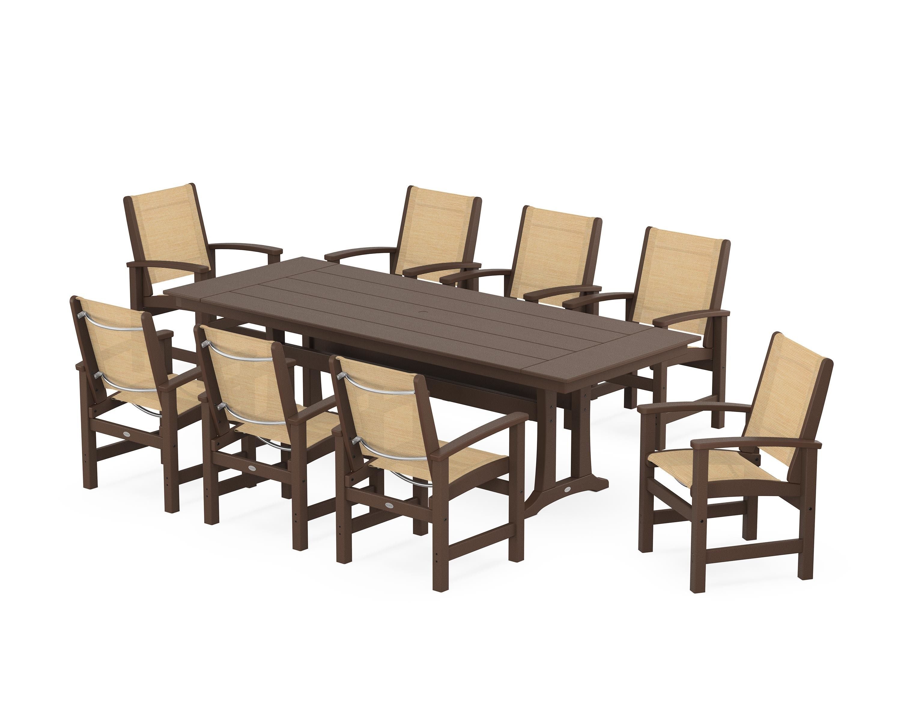 POLYWOOD® Coastal 9-Piece Farmhouse Dining Set with Trestle Legs in Mahogany / Dupioni Apricot Sling