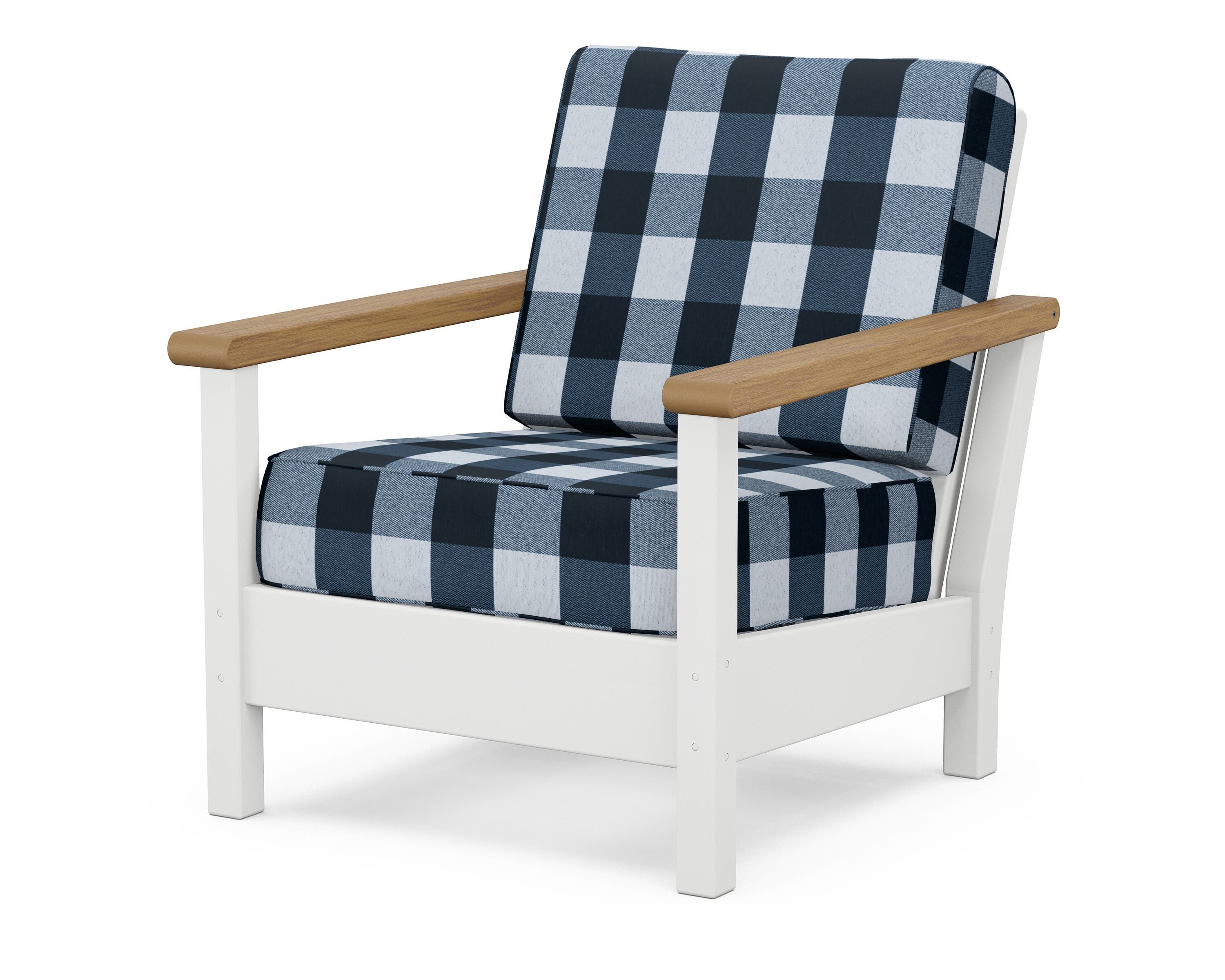POLYWOOD® Harbour Deep Seating Chair in White / Natural / Buffalo Plaid Marine Indigo