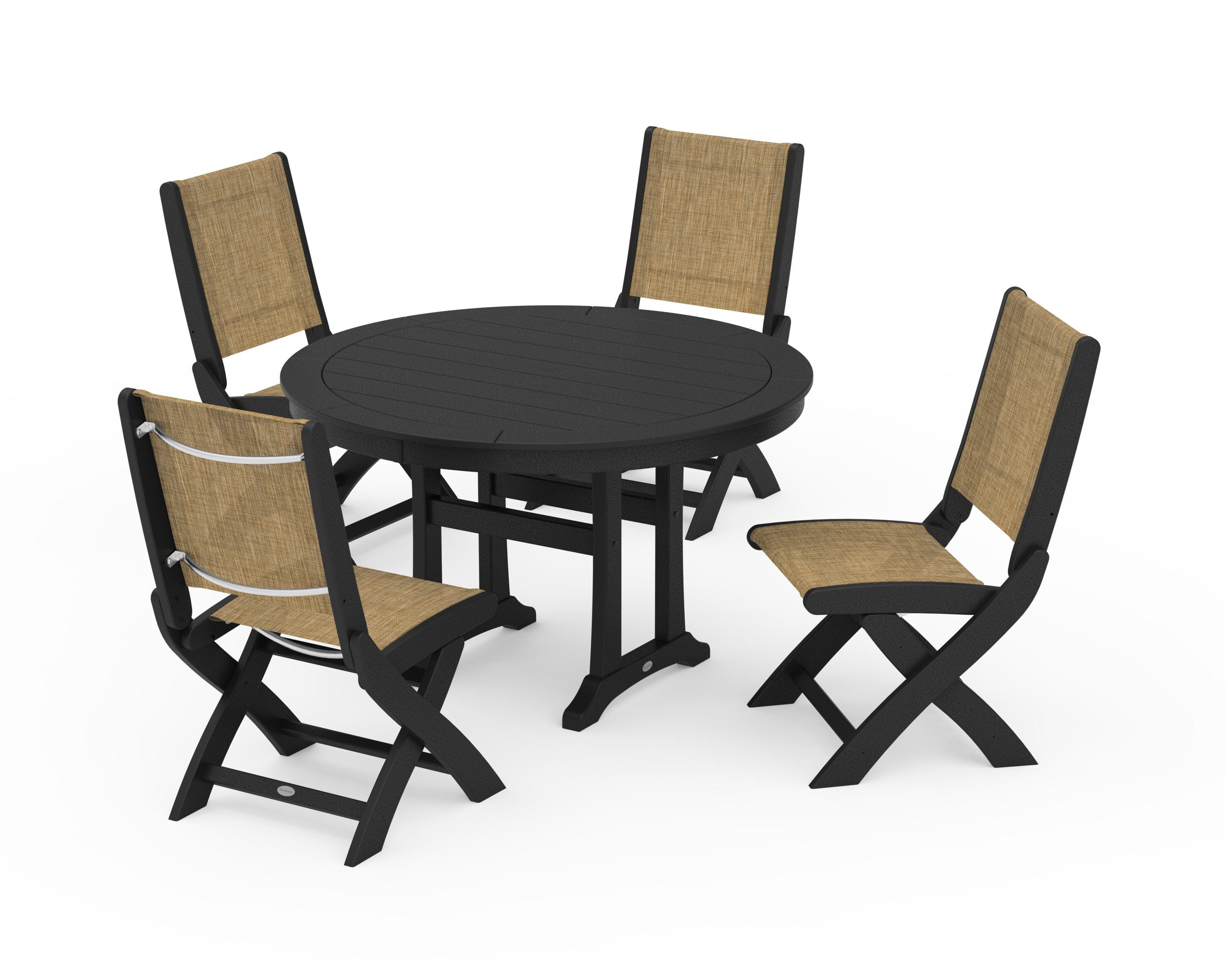 POLYWOOD® Coastal Folding Side Chair 5-Piece Round Dining Set With Trestle Legs in Black / Burlap Sling