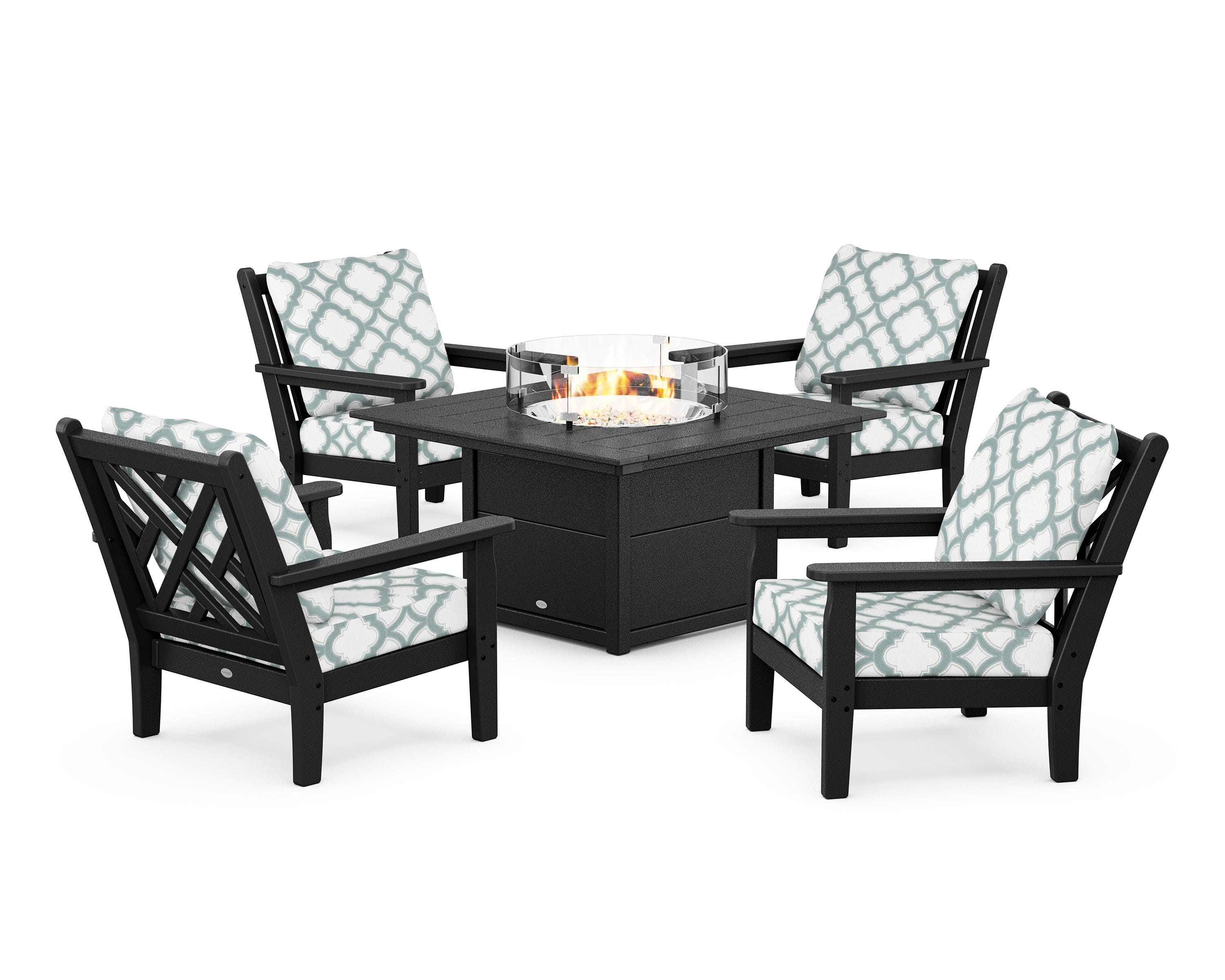 POLYWOOD® Chippendale 5-Piece Deep Seating Set with Fire Pit Table in Black / Trellis Glacier Spa