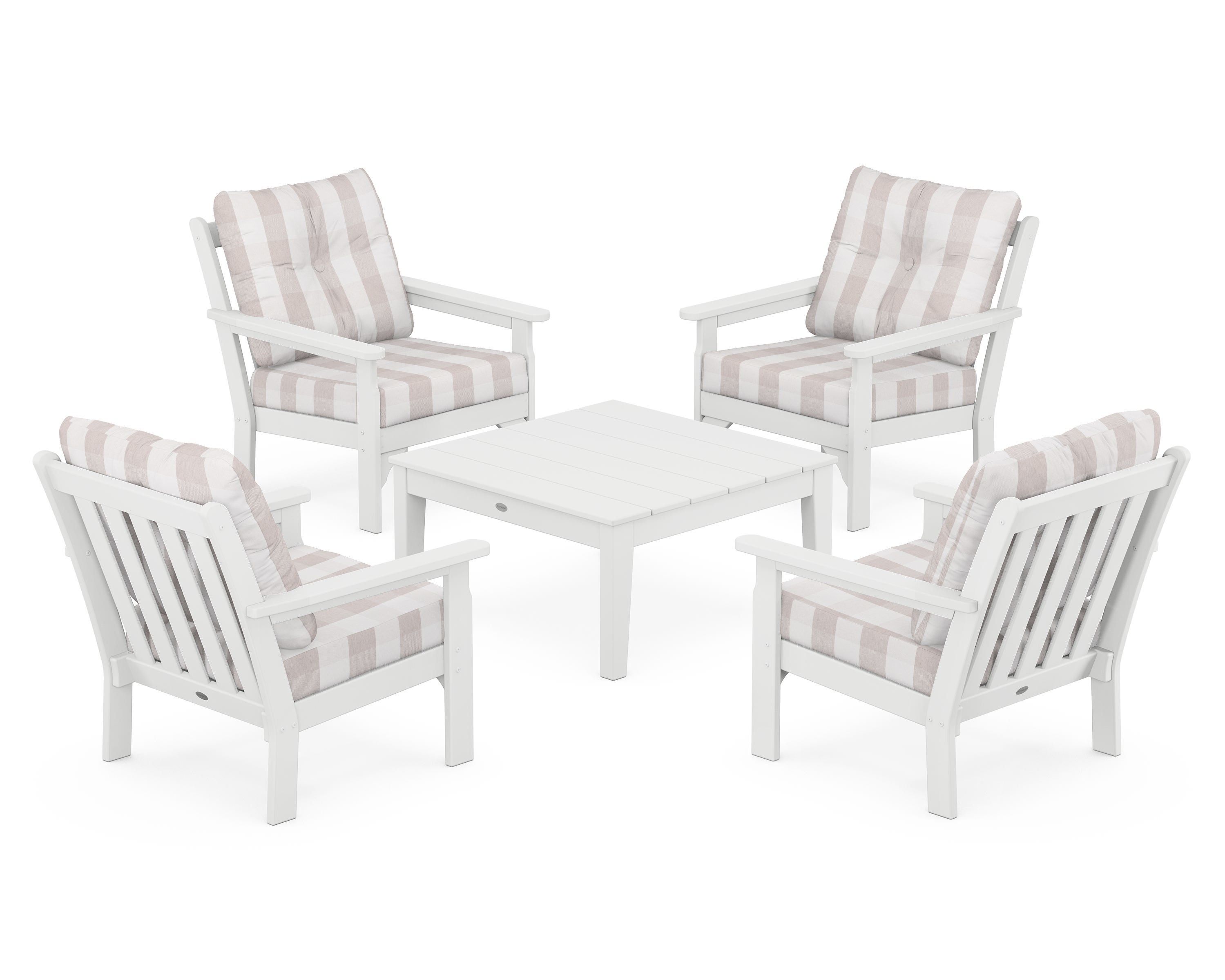 POLYWOOD® Vineyard 5-Piece Deep Seating Conversation Set in White / Buffalo Plaid Dune Burlap