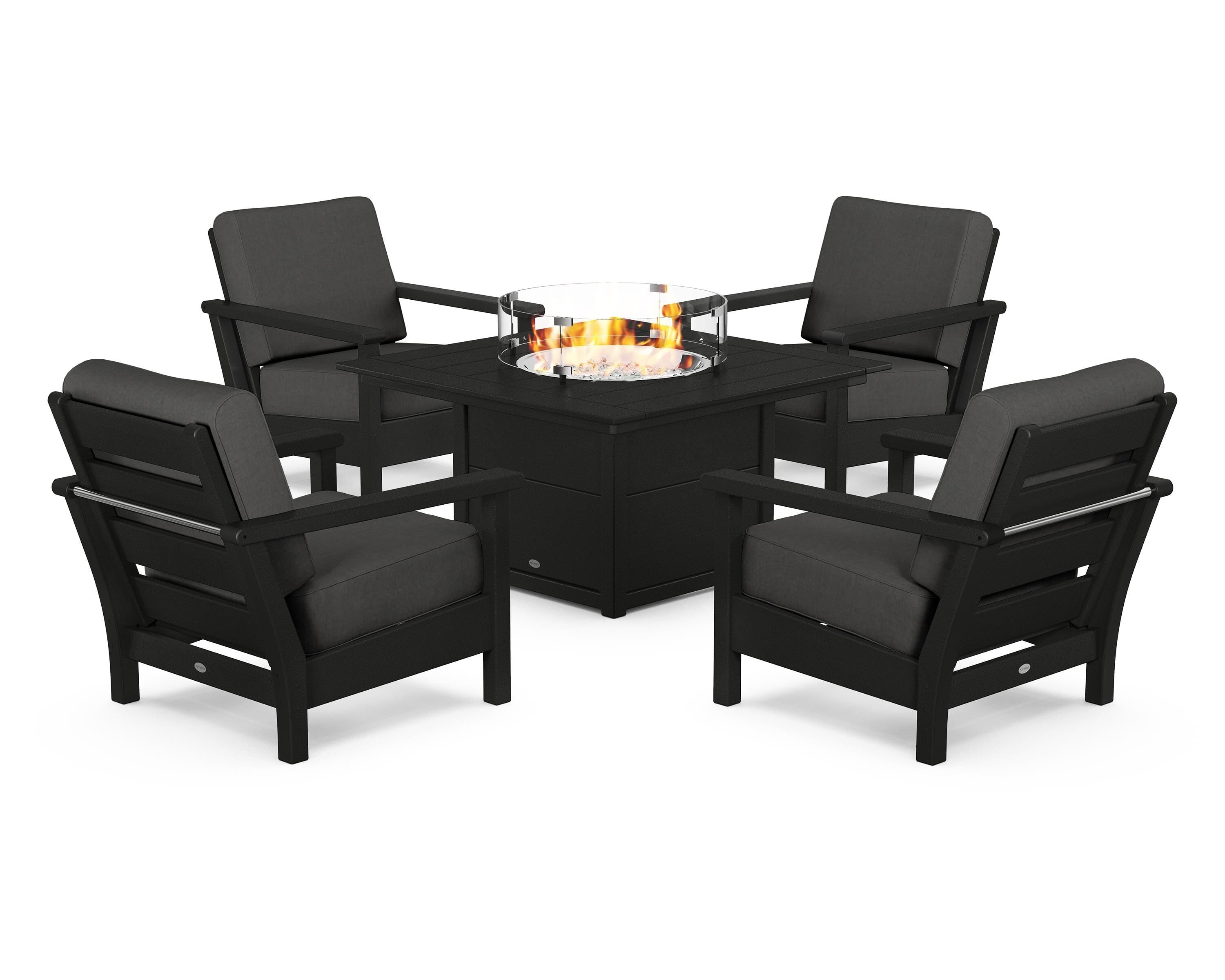 POLYWOOD® Harbour 5-Piece Conversation Set with Fire Pit Table in Black / Spectrum Carbon
