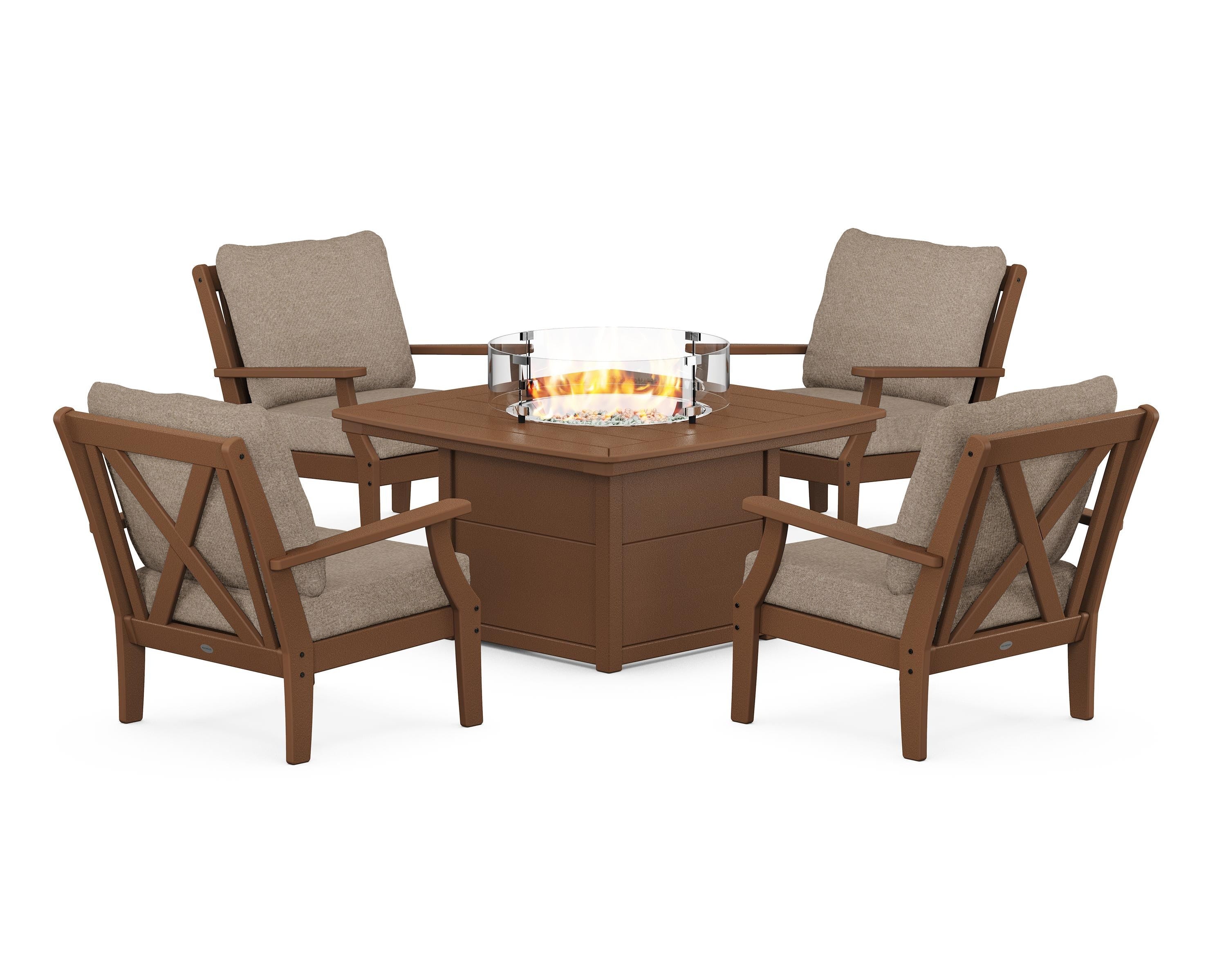 POLYWOOD® Braxton 5-Piece Deep Seating Conversation Set with Fire Pit Table in Teak / Spiced Burlap