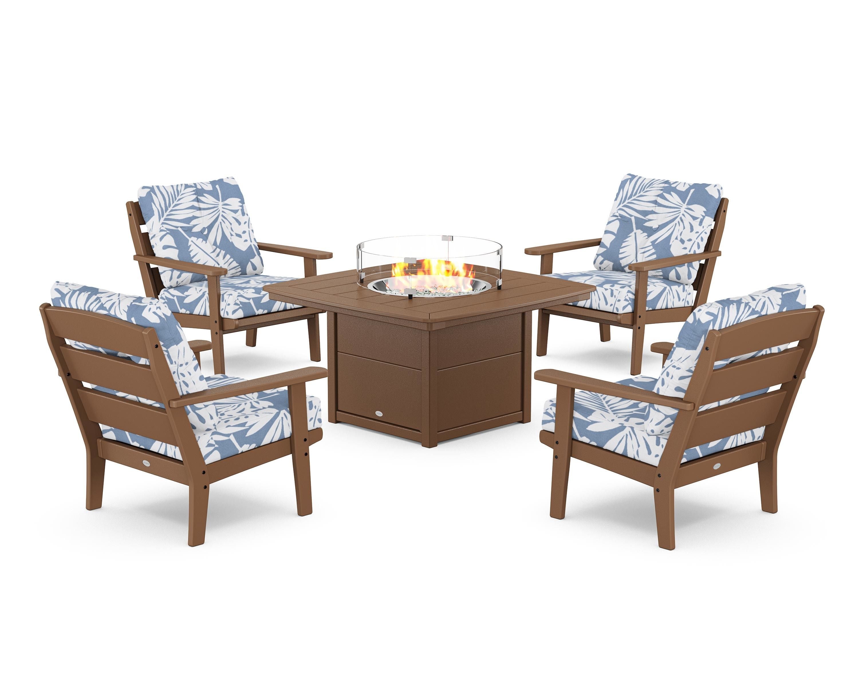 POLYWOOD® Lakeside 5-Piece Deep Seating Set with Nautical Fire Pit Table in Teak / Leaf Sky Blue