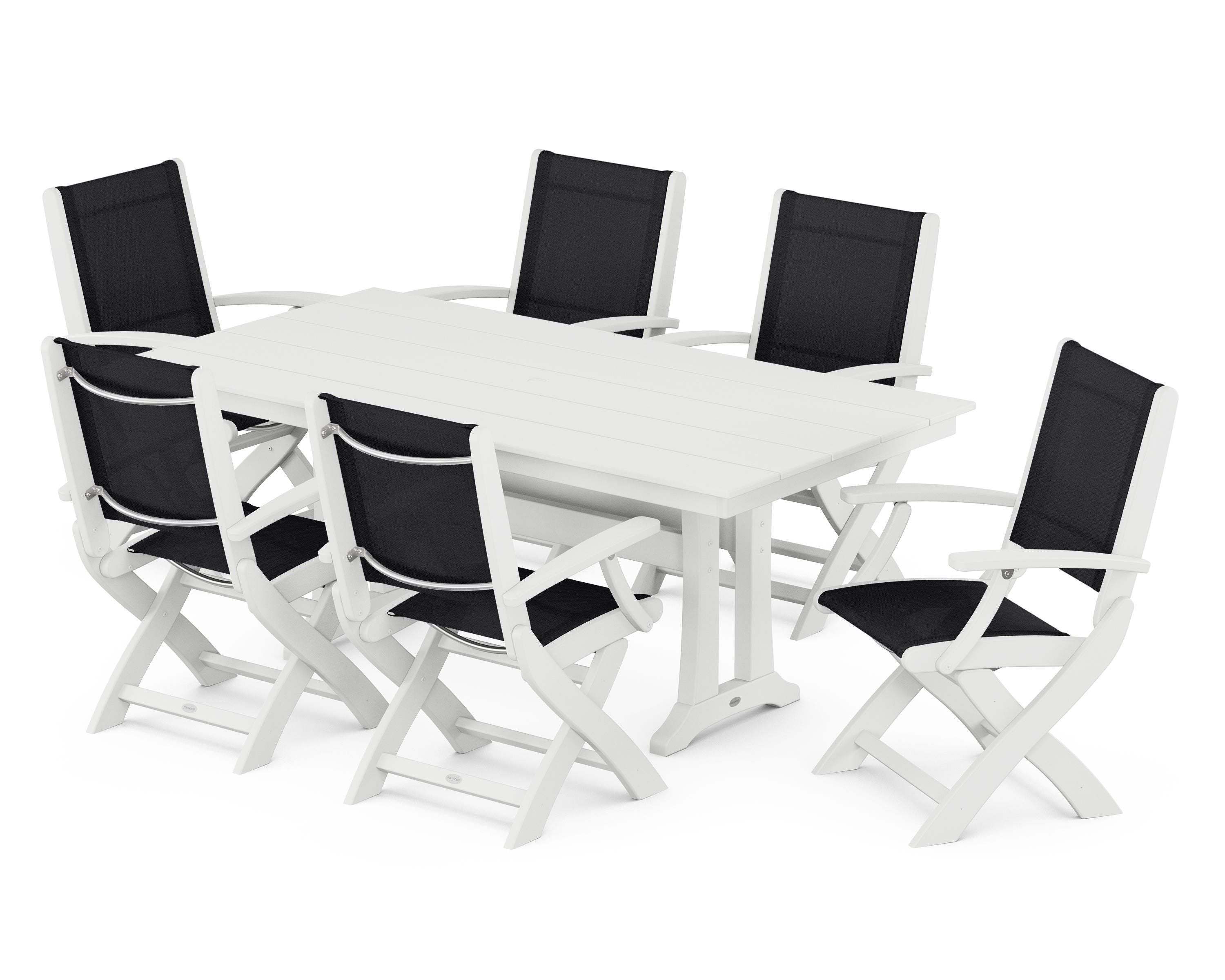 POLYWOOD® Coastal Folding Arm Chair 7-Piece Farmhouse Dining Set with Trestle Legs in White / Black Sling