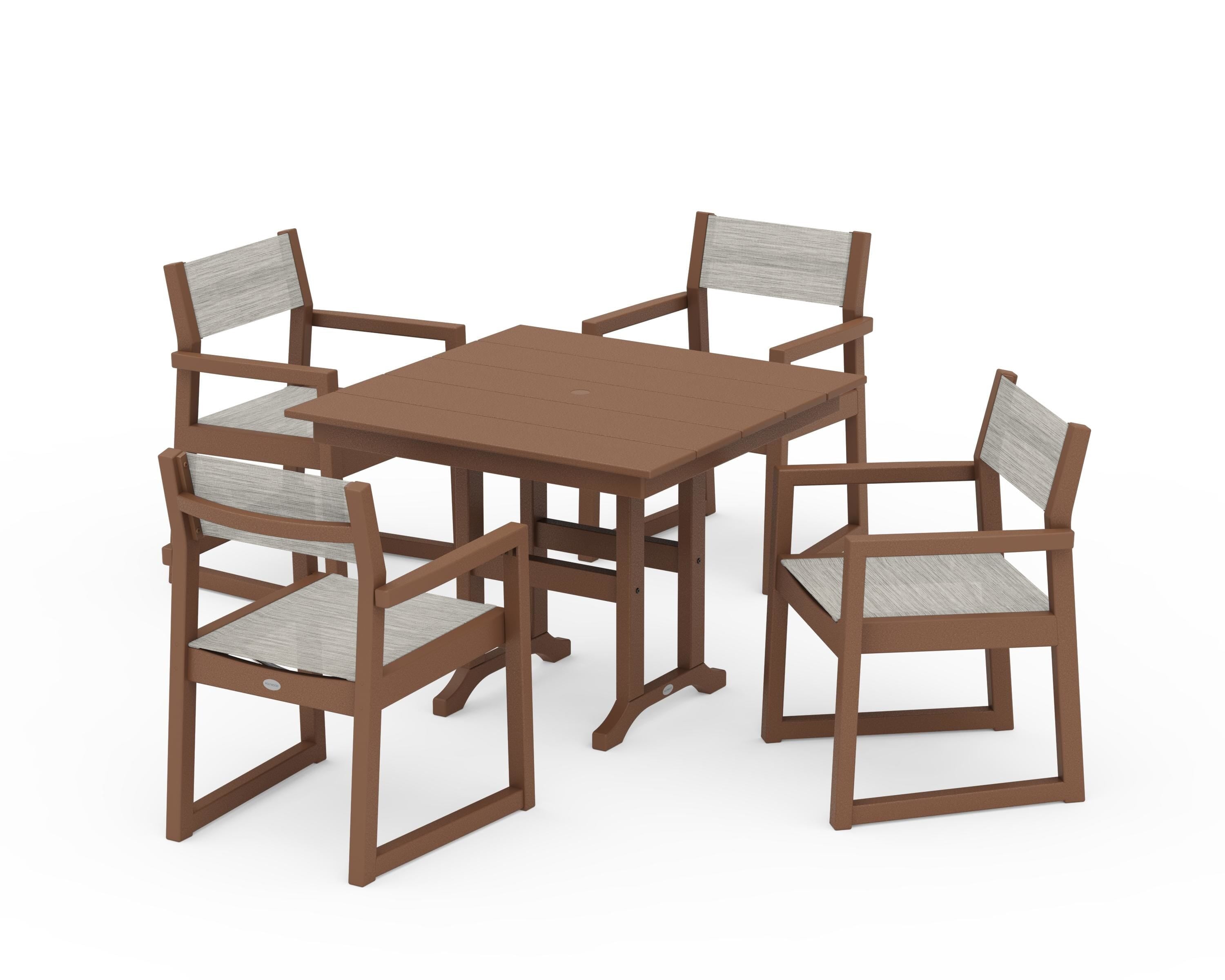 POLYWOOD® EDGE Sling Arm Chair 5-Piece Farmhouse Dining Set in Teak / Birch Sling