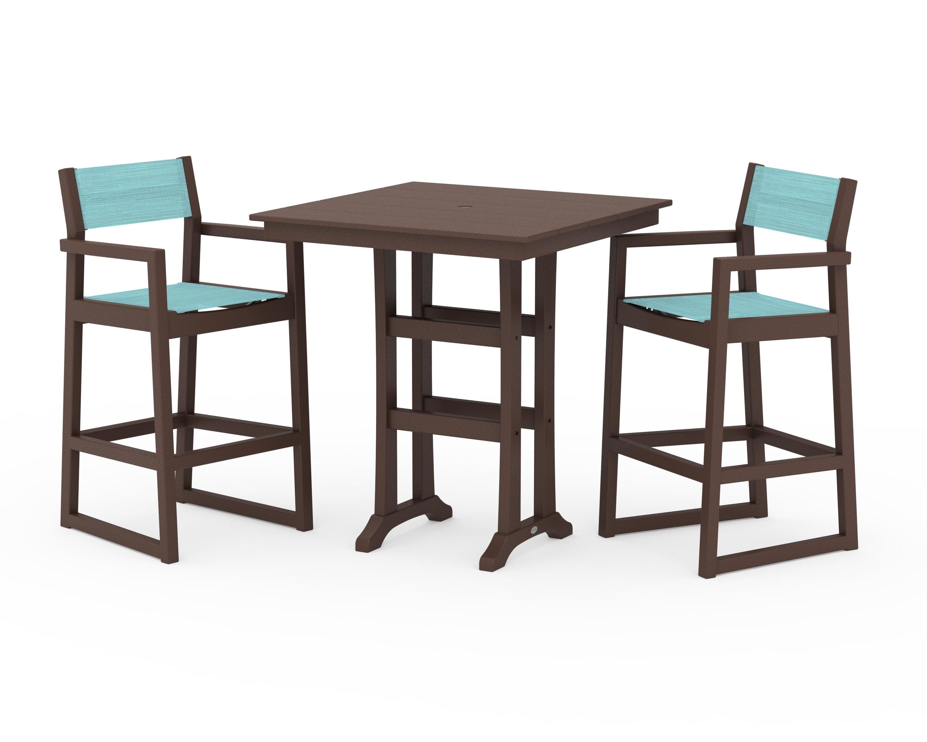 POLYWOOD® EDGE Sling Arm Chair 3-Piece Farmhouse Bar Set with Trestle Legs in Mahogany / Dupioni Aquamarine Sling