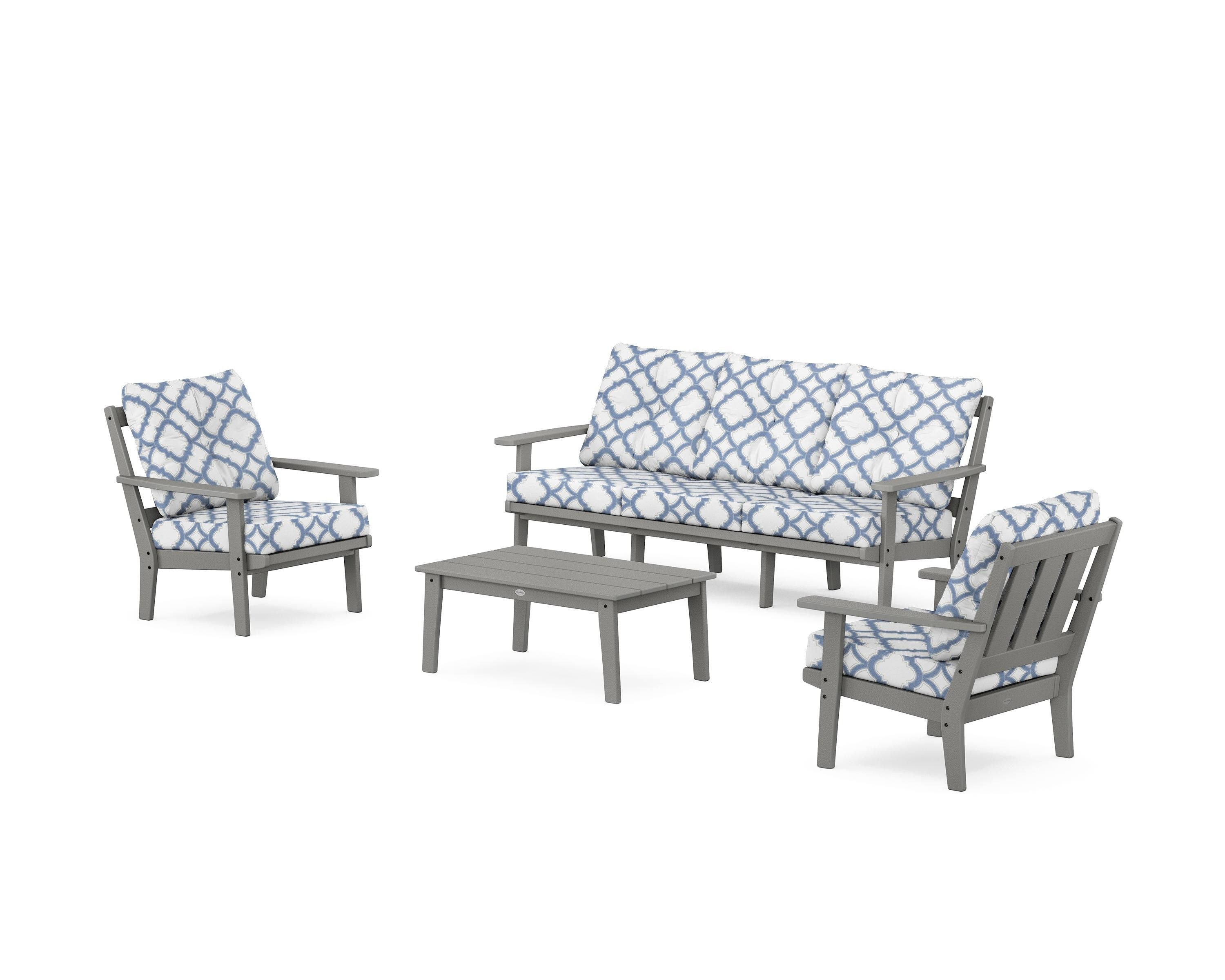 POLYWOOD® Oxford 4-Piece Deep Seating Set with Sofa in Slate Grey / Trellis Sky Blue