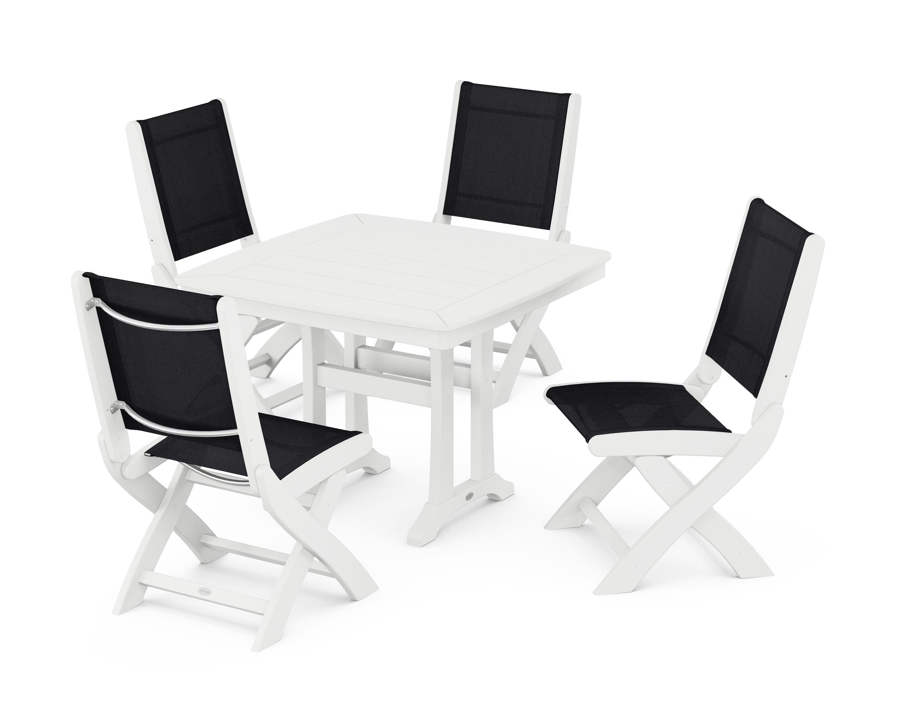 POLYWOOD® Coastal Folding Side Chair 5-Piece Dining Set with Trestle Legs in White / Black Sling