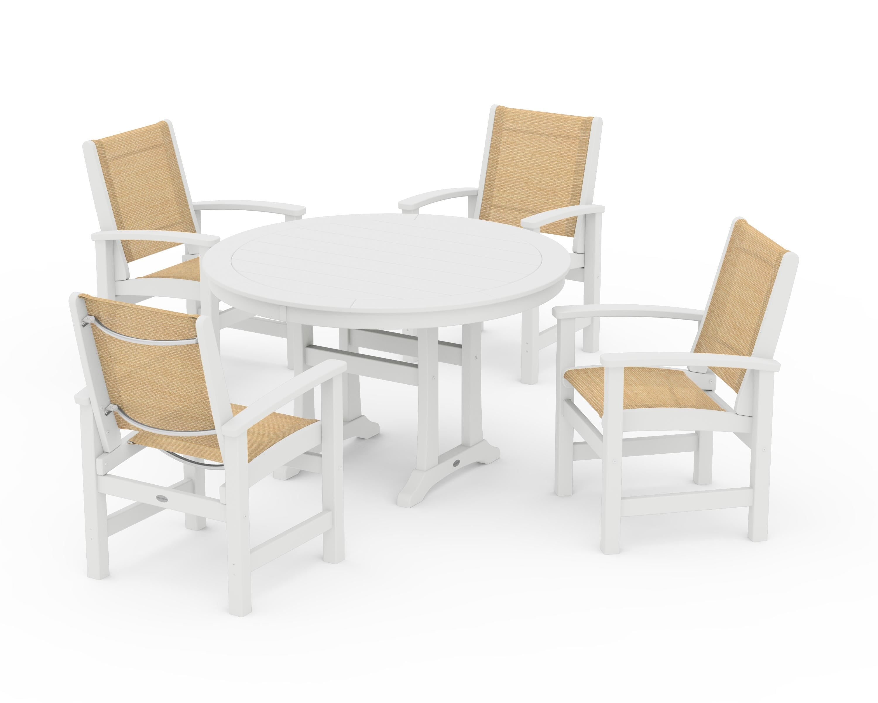 POLYWOOD® Coastal 5-Piece Round Dining Set with Trestle Legs in White / Dupioni Apricot Sling