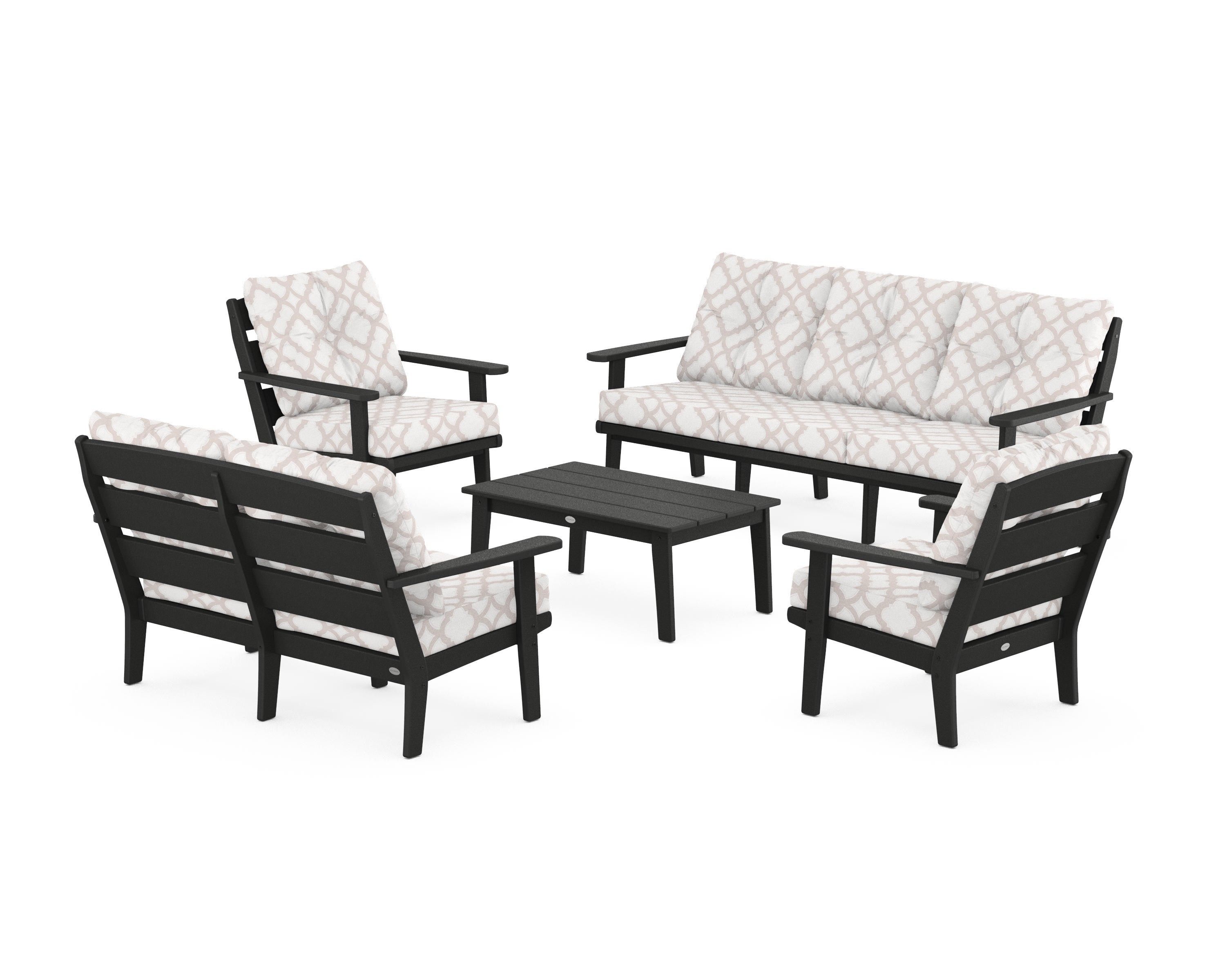 POLYWOOD® Lakeside 5-Piece Lounge Sofa Set in Black / Trellis Dune Burlap