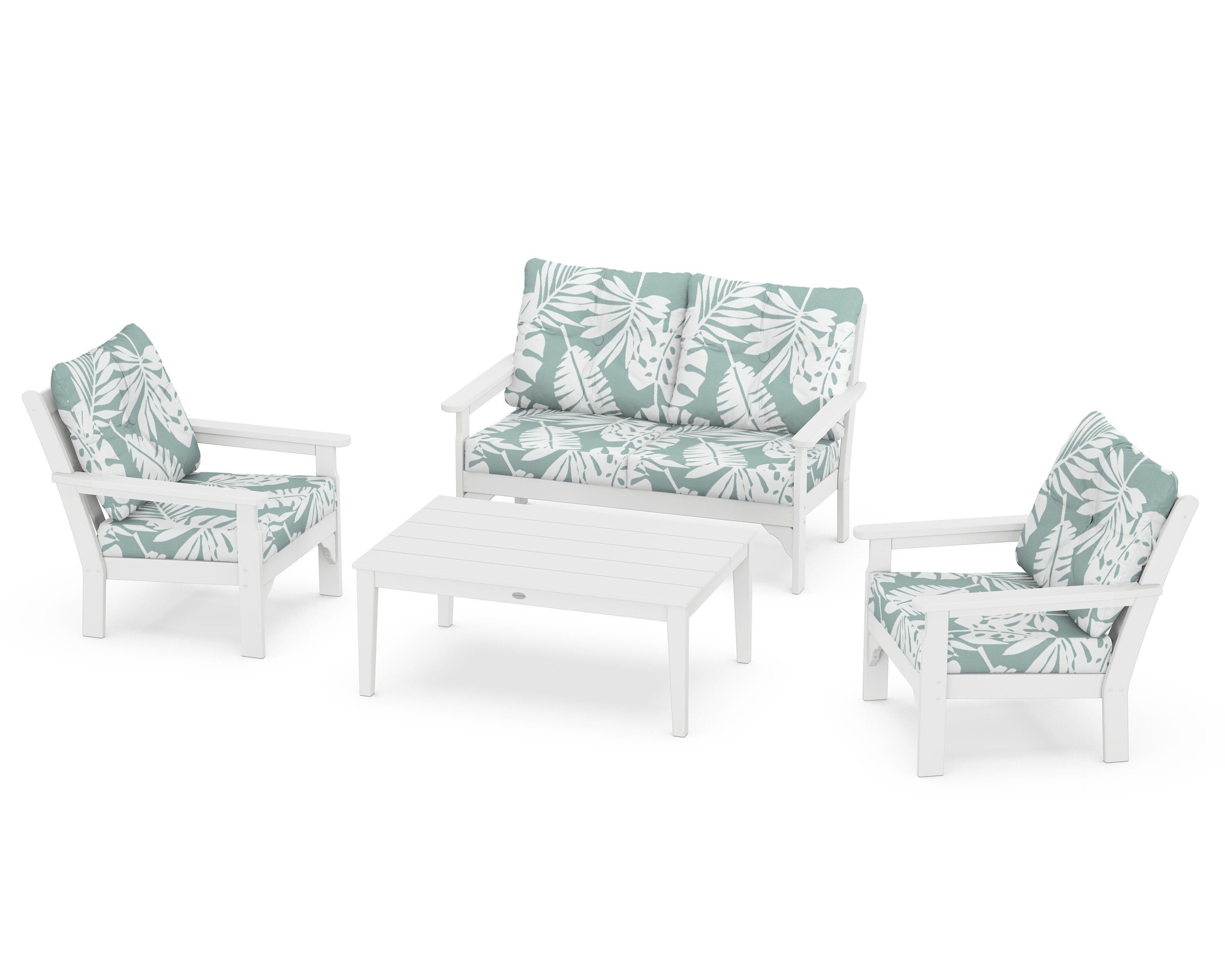 POLYWOOD® Vineyard 4-Piece Deep Seating Set in White / Leaf Glacier Spa