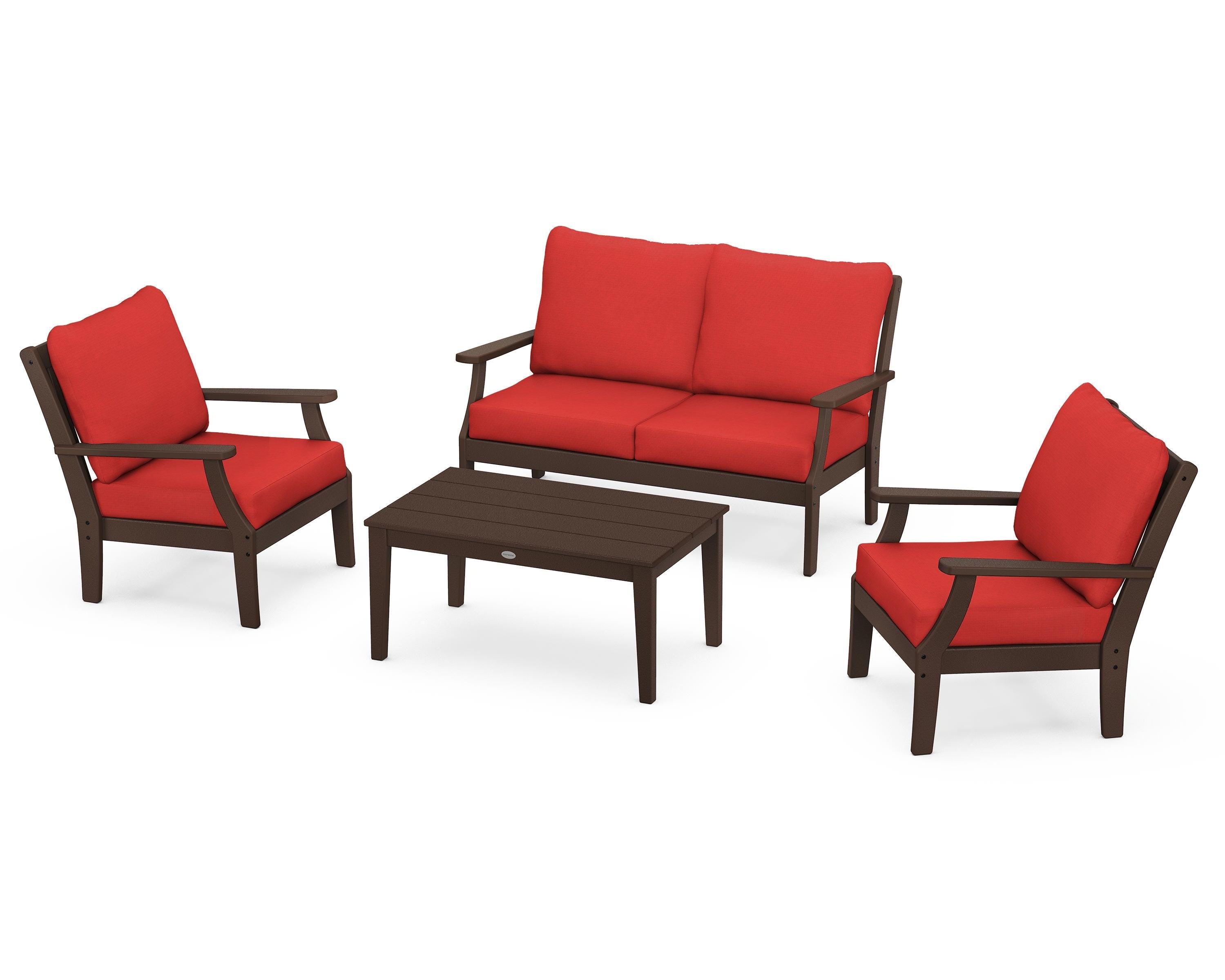 POLYWOOD® Braxton 4-Piece Deep Seating Chair Set in Mahogany / Crimson Linen