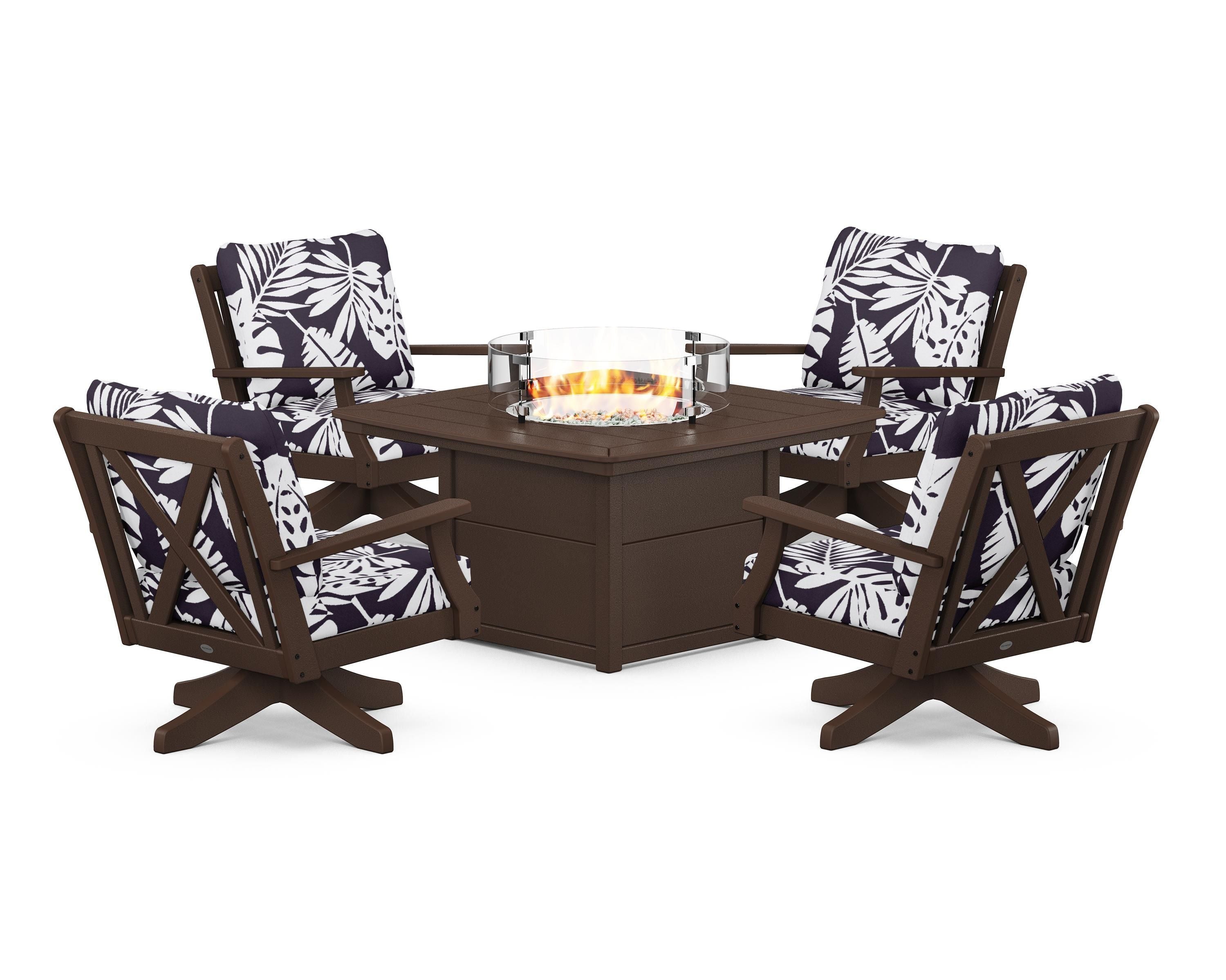 POLYWOOD® Braxton 5-Piece Deep Seating Swivel Conversation Set with Fire Pit Table in Mahogany / Leaf Navy