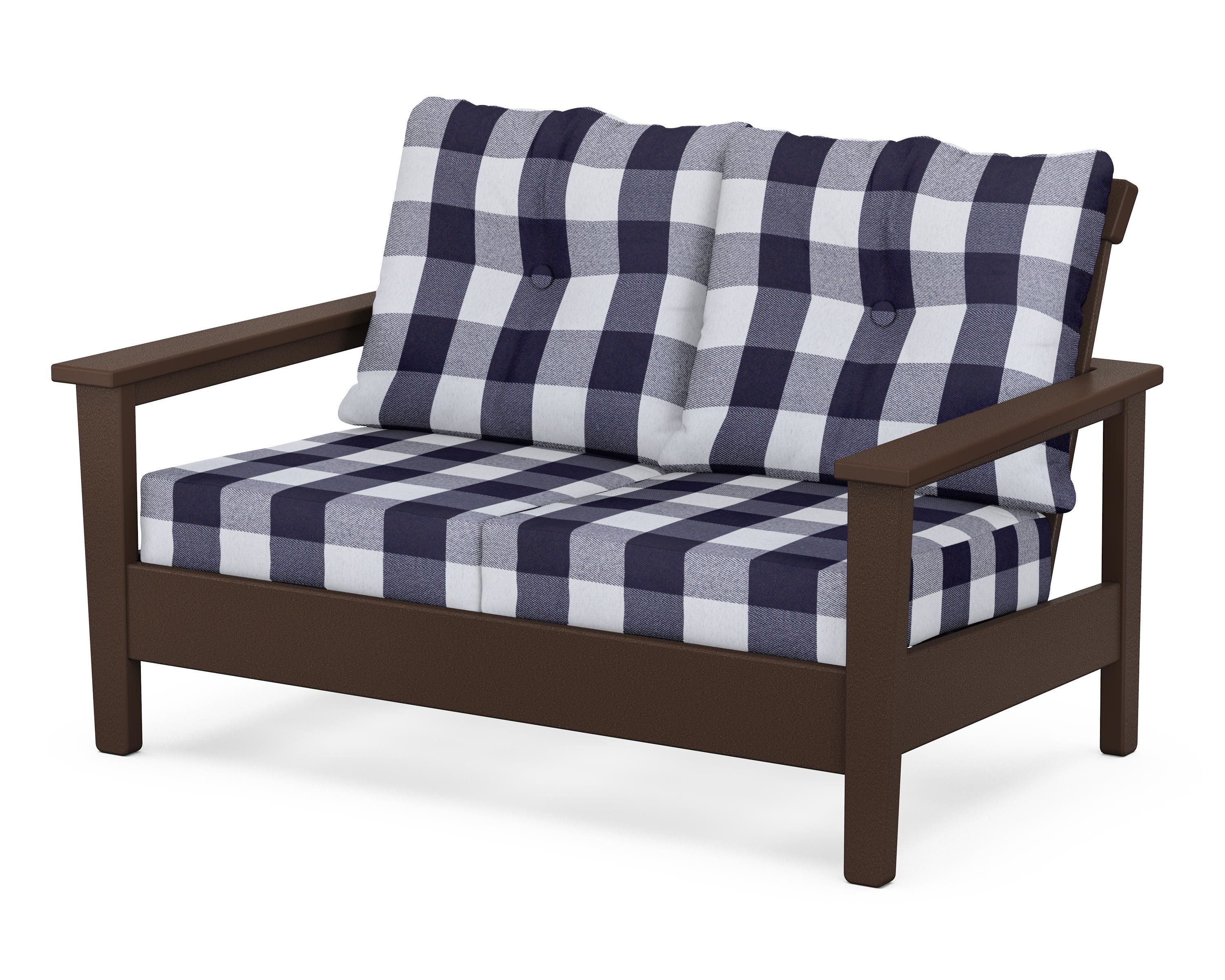 POLYWOOD® Prescott Deep Seating Loveseat in Mahogany / Buffalo Plaid Navy