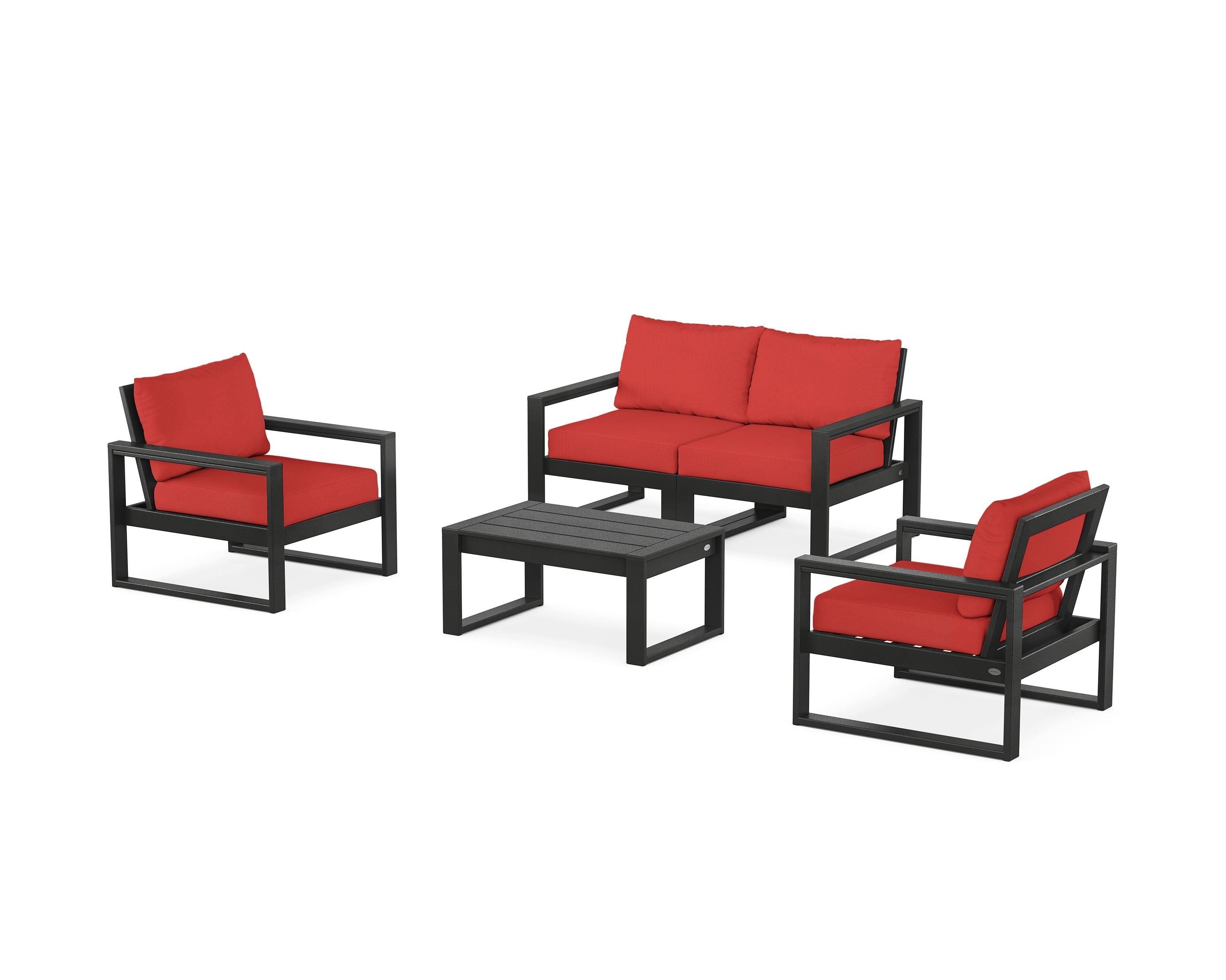 POLYWOOD® EDGE Sectional 4-Piece Deep Seating Set with Loveseat in Black / Crimson Linen
