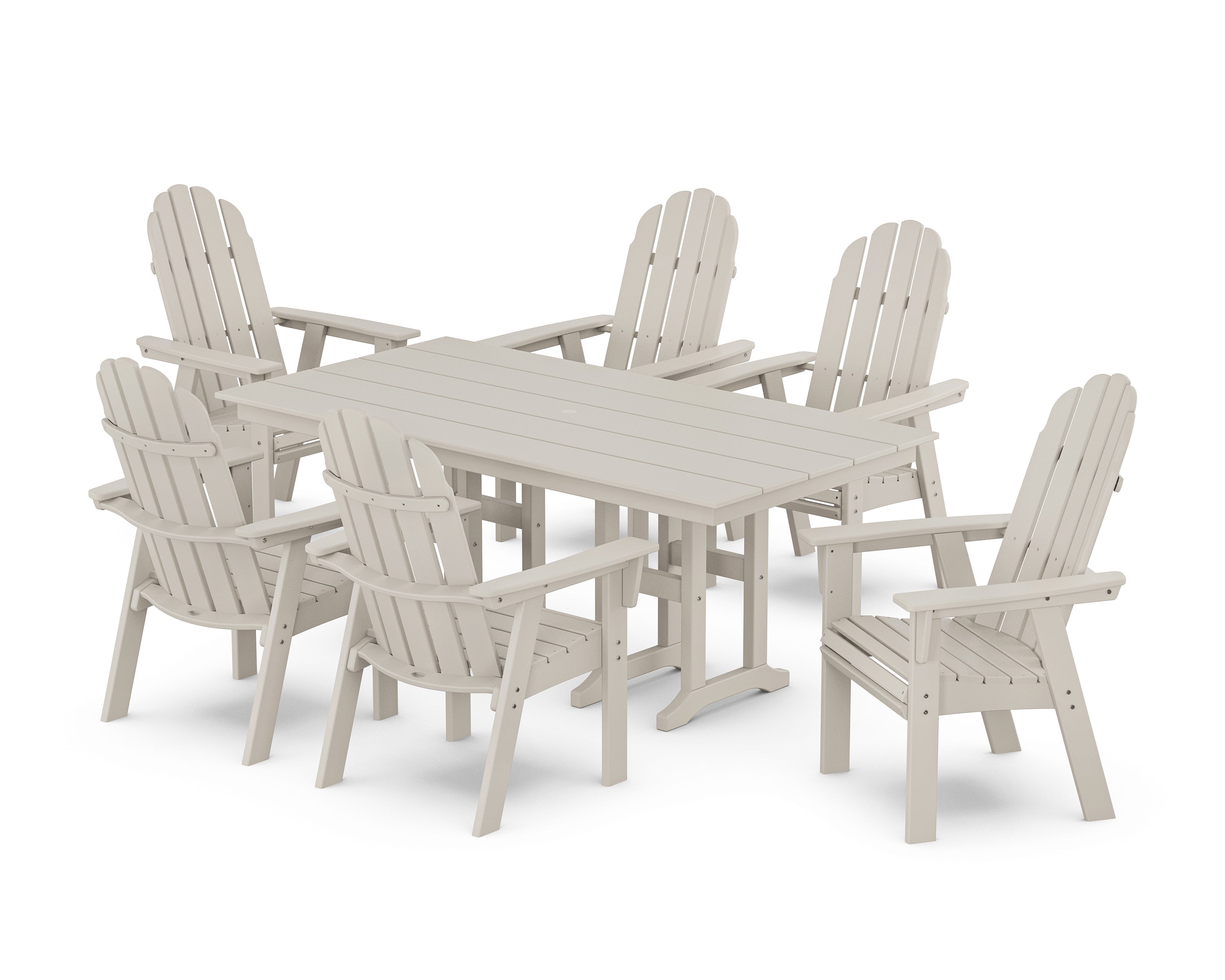 POLYWOOD® Vineyard Curveback Adirondack Chair 7-Piece Farmhouse Dining Set in Sand