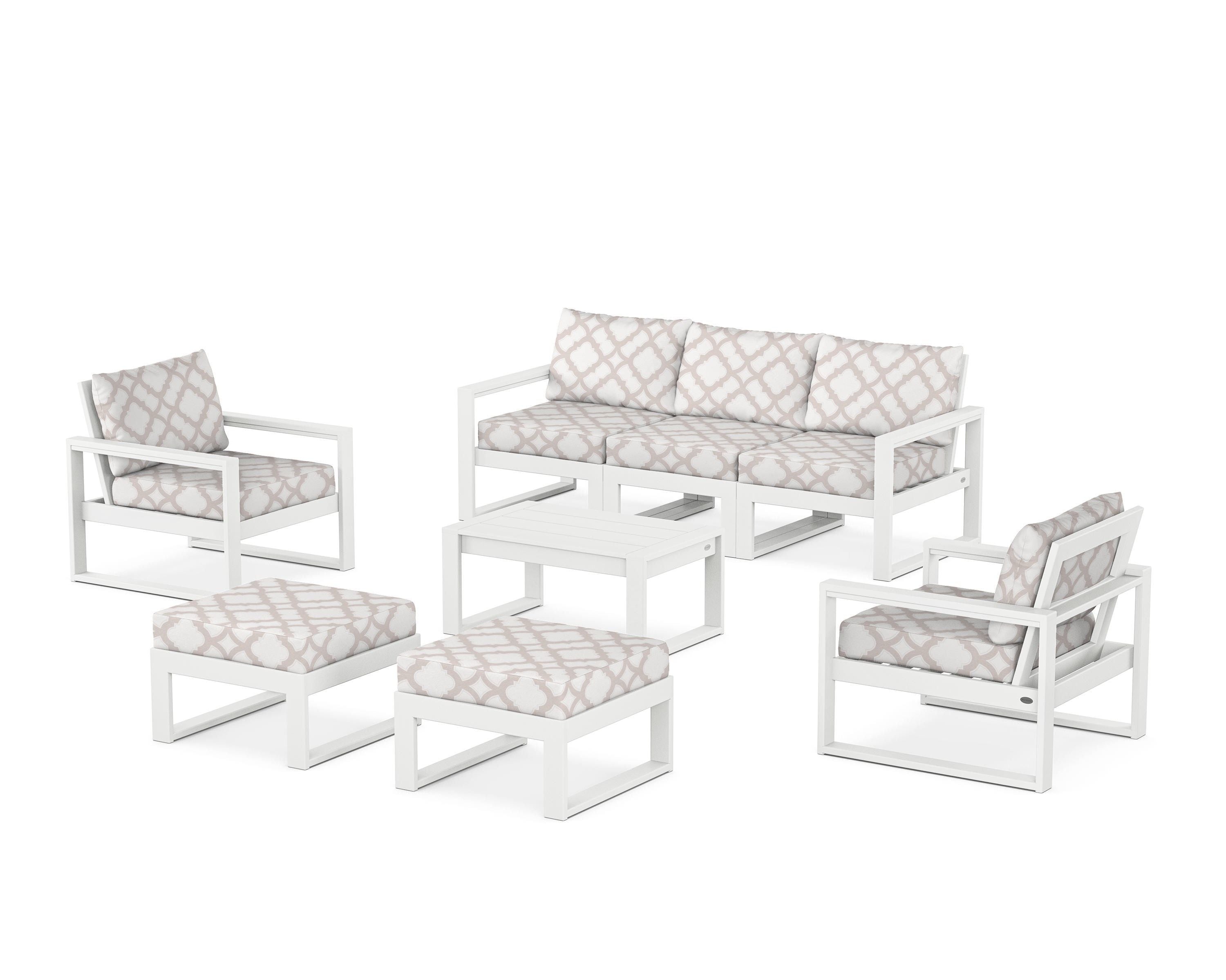POLYWOOD® EDGE Sectional 8-Piece Lounge Sofa Set in White / Trellis Dune Burlap
