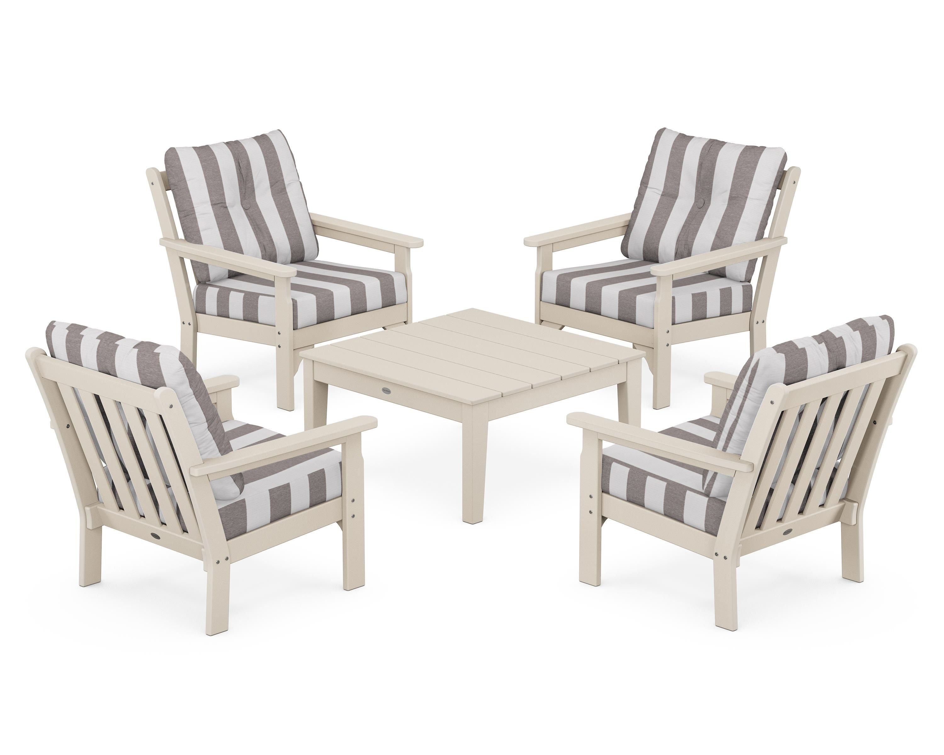 POLYWOOD® Vineyard 5-Piece Deep Seating Conversation Set in Sand / Cabana Stripe Grey Mist