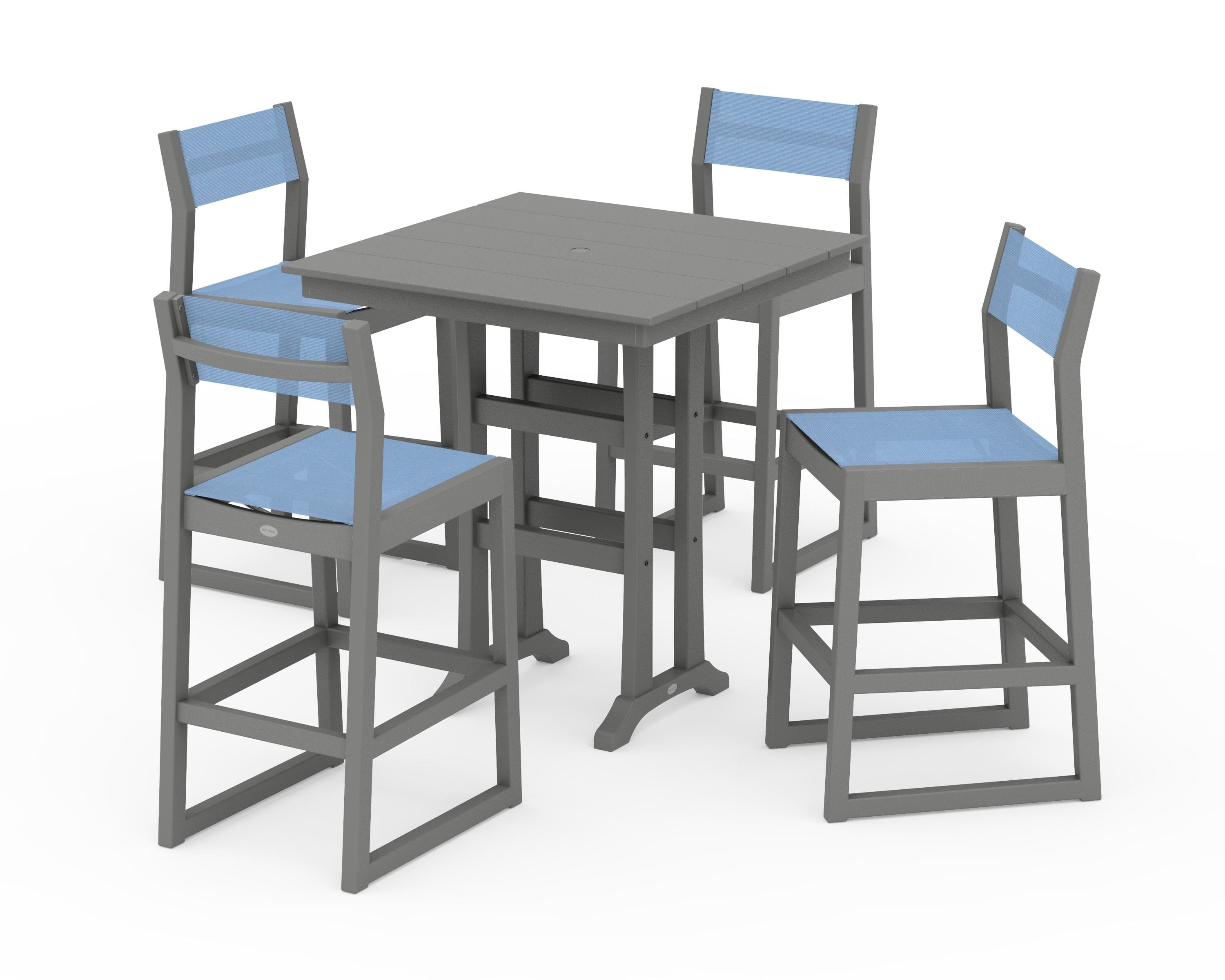 POLYWOOD® EDGE Sling Arm Chair 5-Piece Farmhouse Bar Set with Trestle Legs in Slate Grey / Poolside Sling