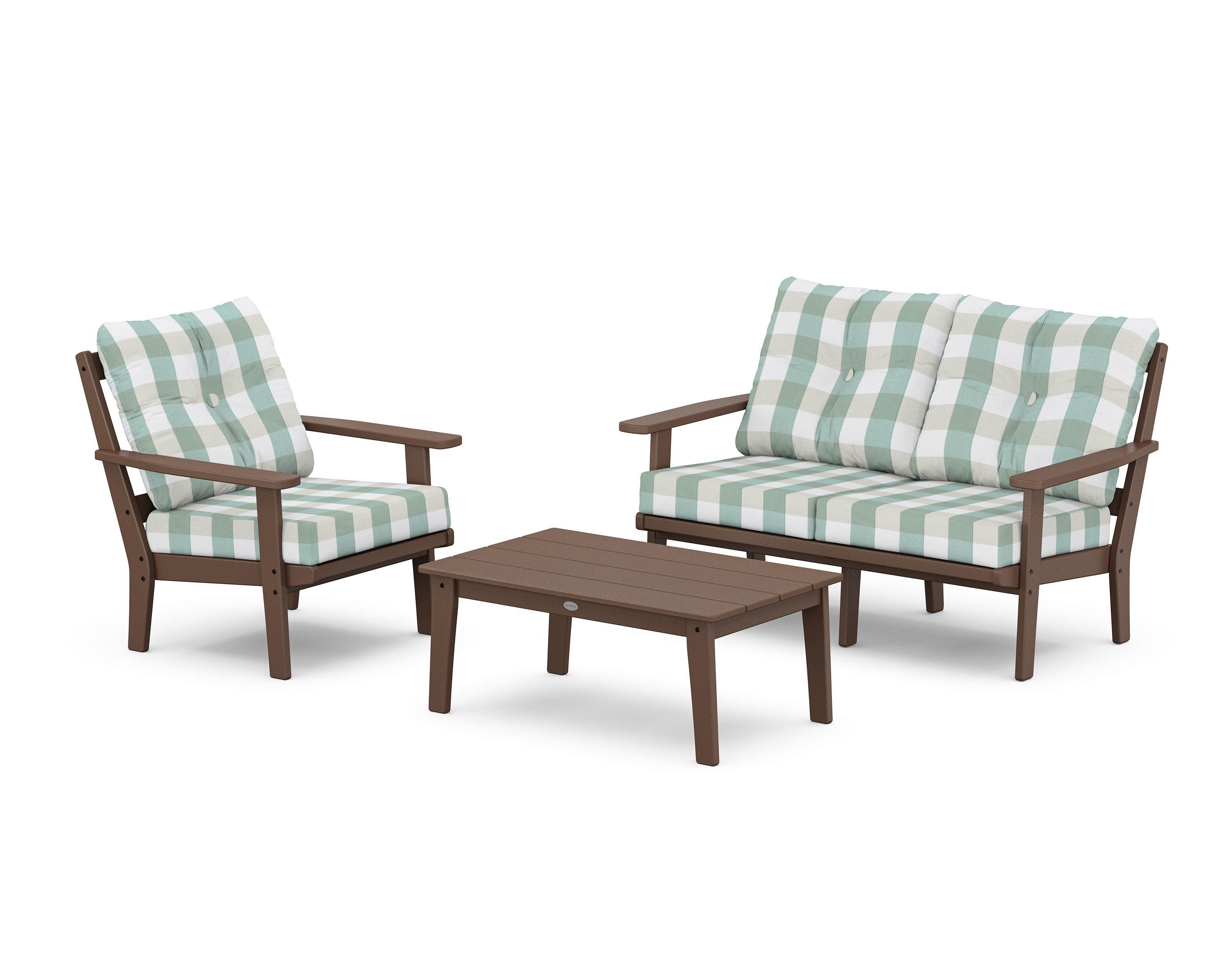 POLYWOOD® Prairie 3-Piece Deep Seating Set with Loveseat in Mahogany / Buffalo Plaid Glacier Spa