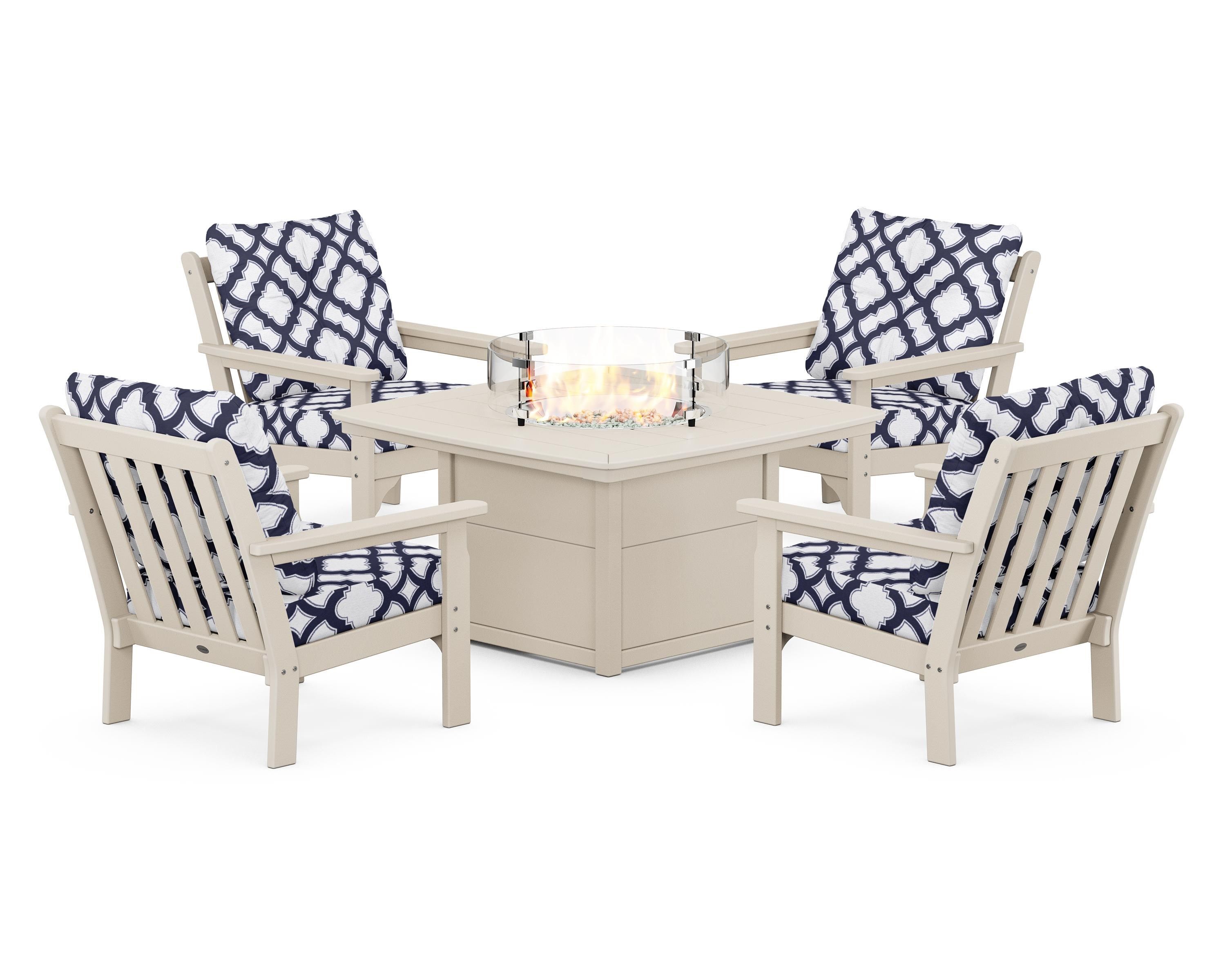 POLYWOOD® Vineyard 5-Piece Conversation Set with Fire Pit Table in Sand / Trellis Navy
