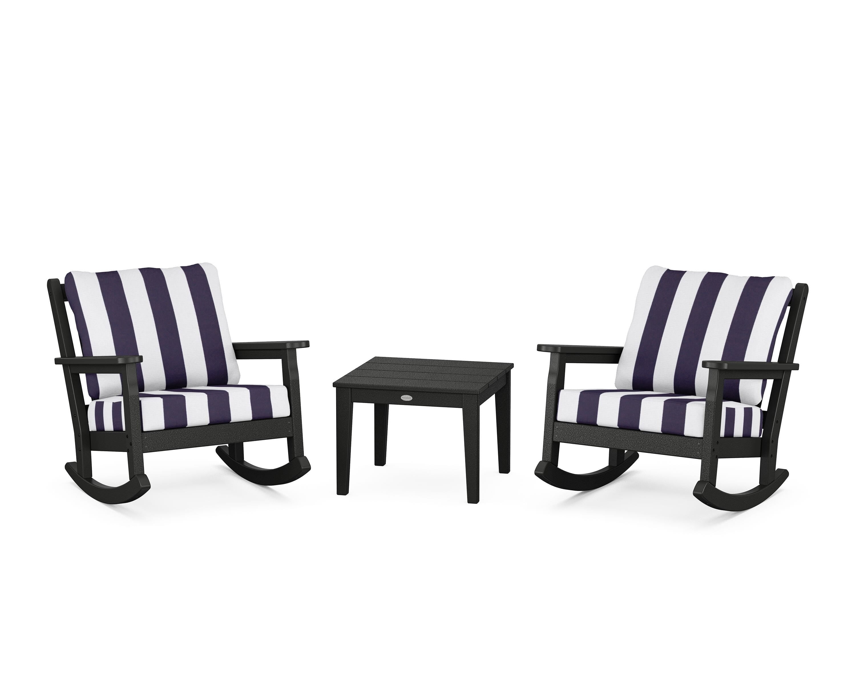 POLYWOOD® Chippendale 3-Piece Deep Seating Rocker Set in Black / Cabana Stripe Navy